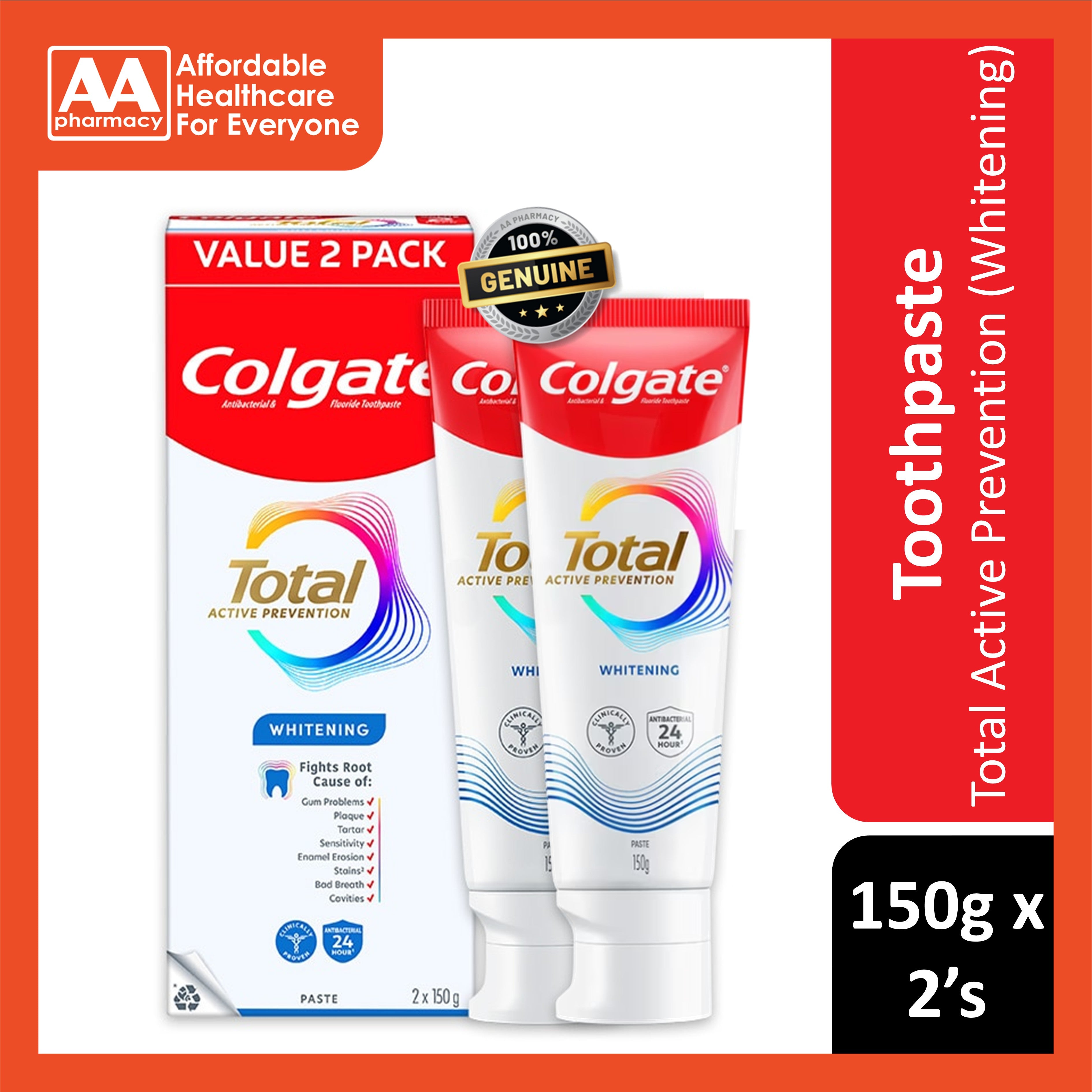 Colgate Total Active Prevention (Whitening) Toothpaste 150gx2's [Twinpack]