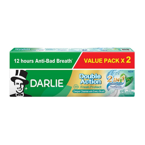Darlie Double Action (Fresh Protect) 2 in 1 Mouthwash + Toothpaste Fluoride Toothpaste 160gx2's (Extra Fresh Mint) [Value Pack]