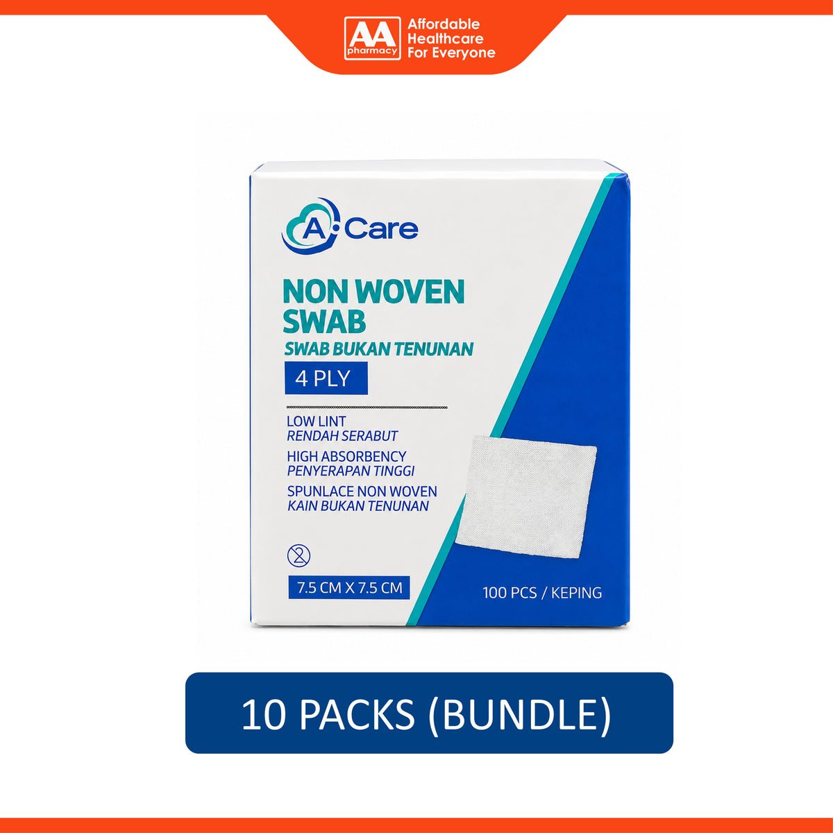 A-Care Non Woven Swab - 7.5cm x 7.5cm, 4ply (10 x 100's)