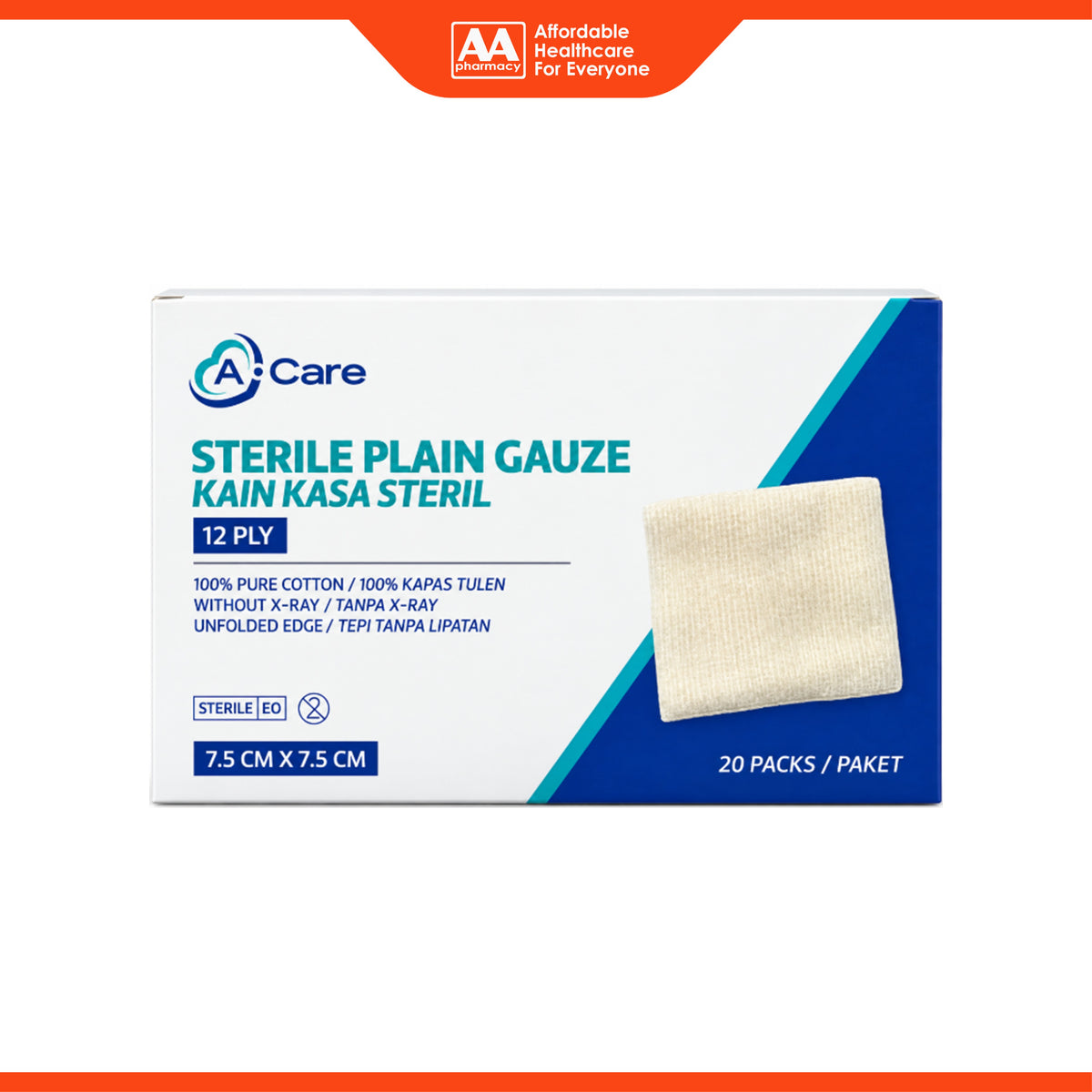 A-Care Sterile Plain Gauze - 7.5cm x 7.5cm, 12ply (20 x 5's)