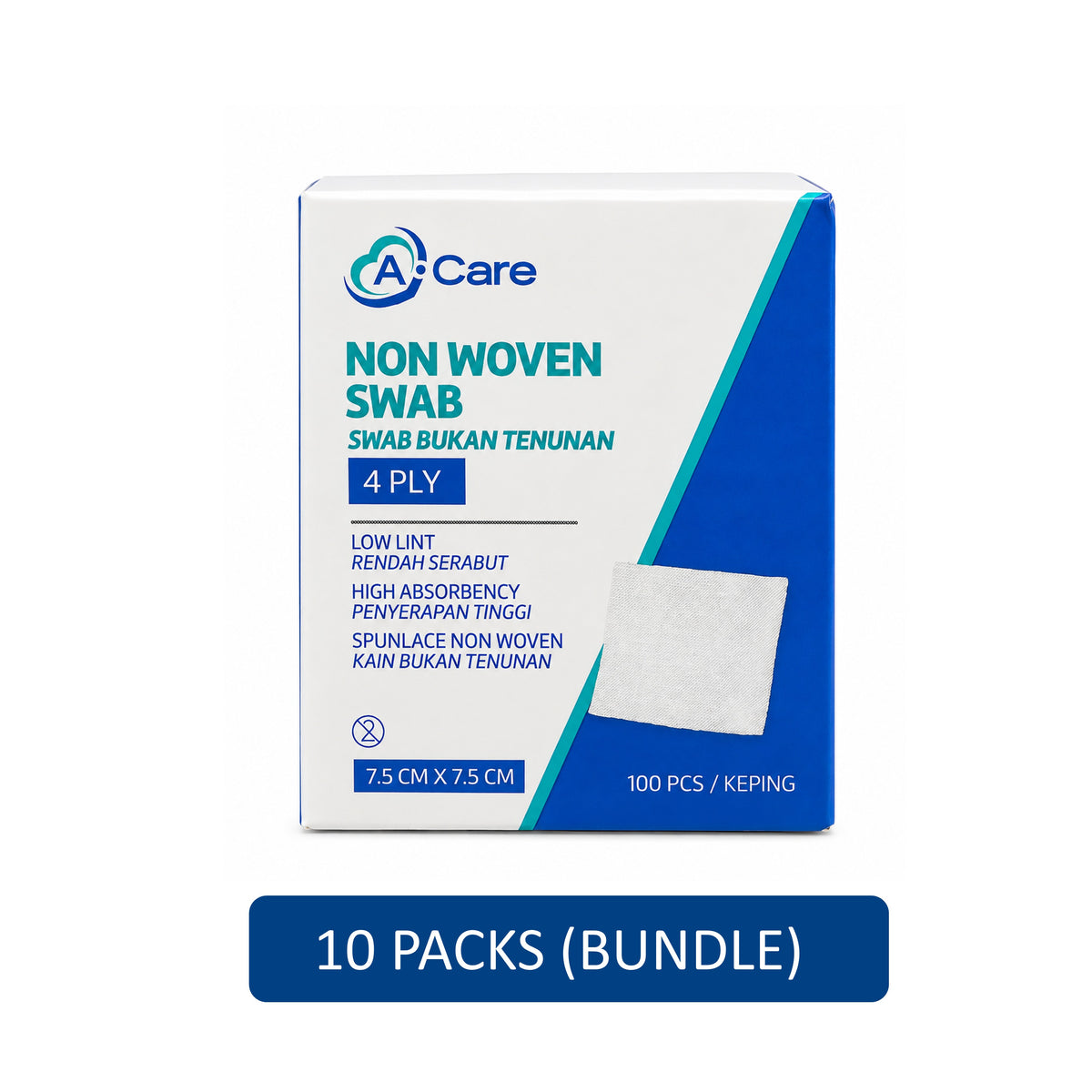 A-Care Non Woven Swab - 7.5cm x 7.5cm, 4ply (10 x 100's)