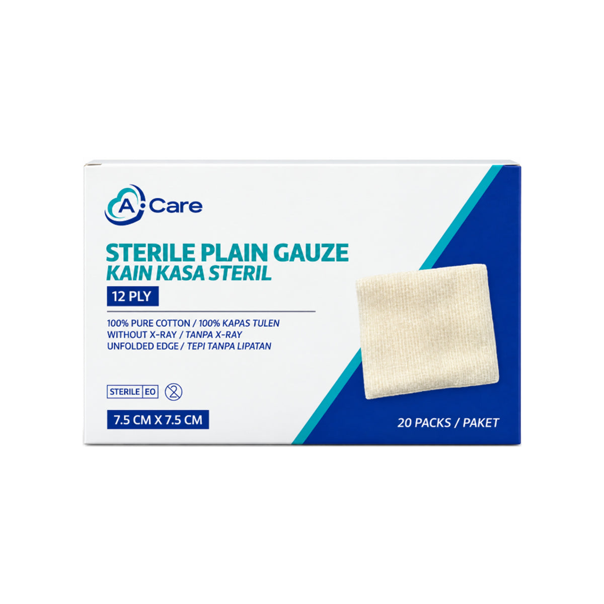 A-Care Sterile Plain Gauze - 7.5cm x 7.5cm, 12ply (20 x 5's)