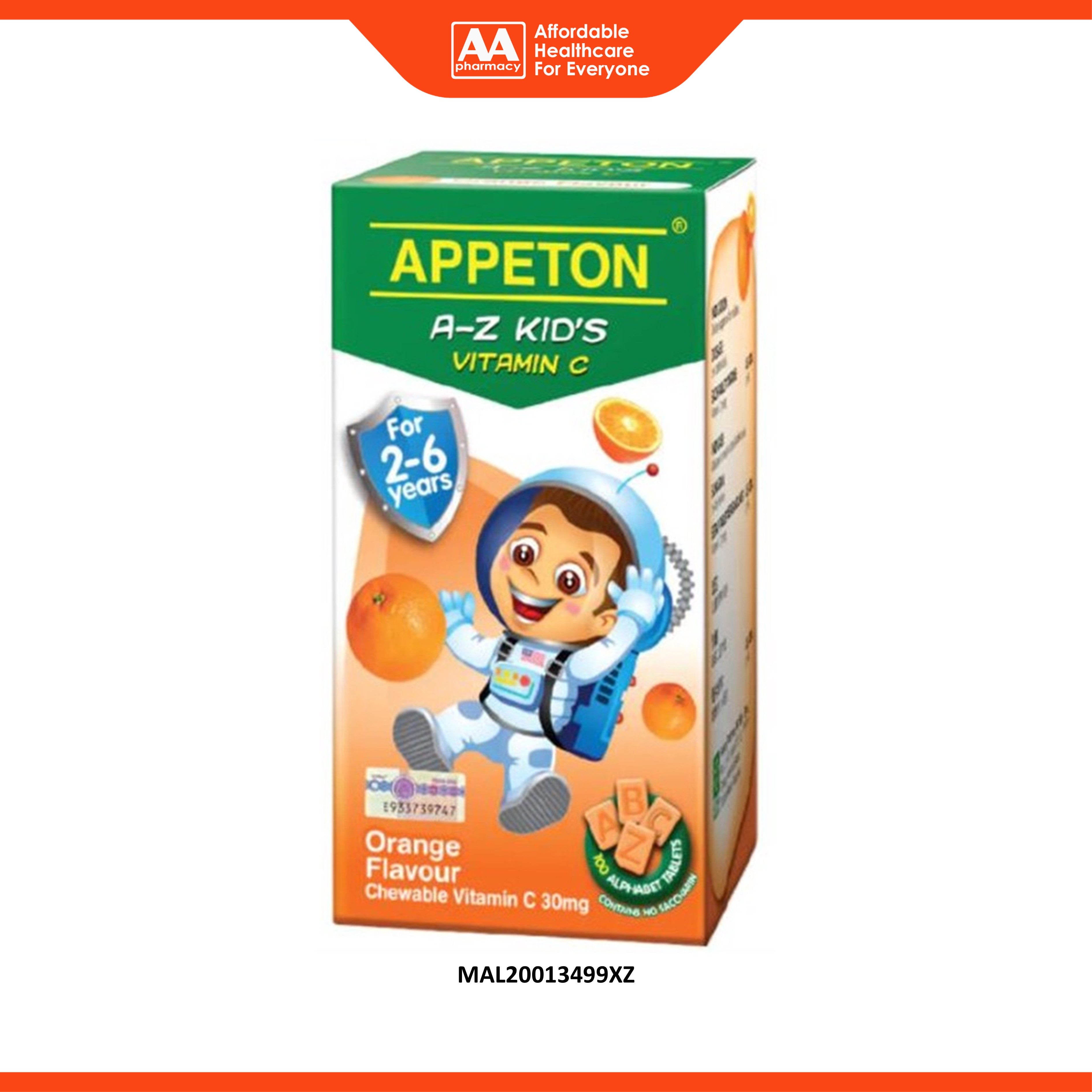 Appeton A-Z Kid's Vitamin C 30mg (Orange Flavour) Chewable Tablet 100's [For Children 2-6 Years]