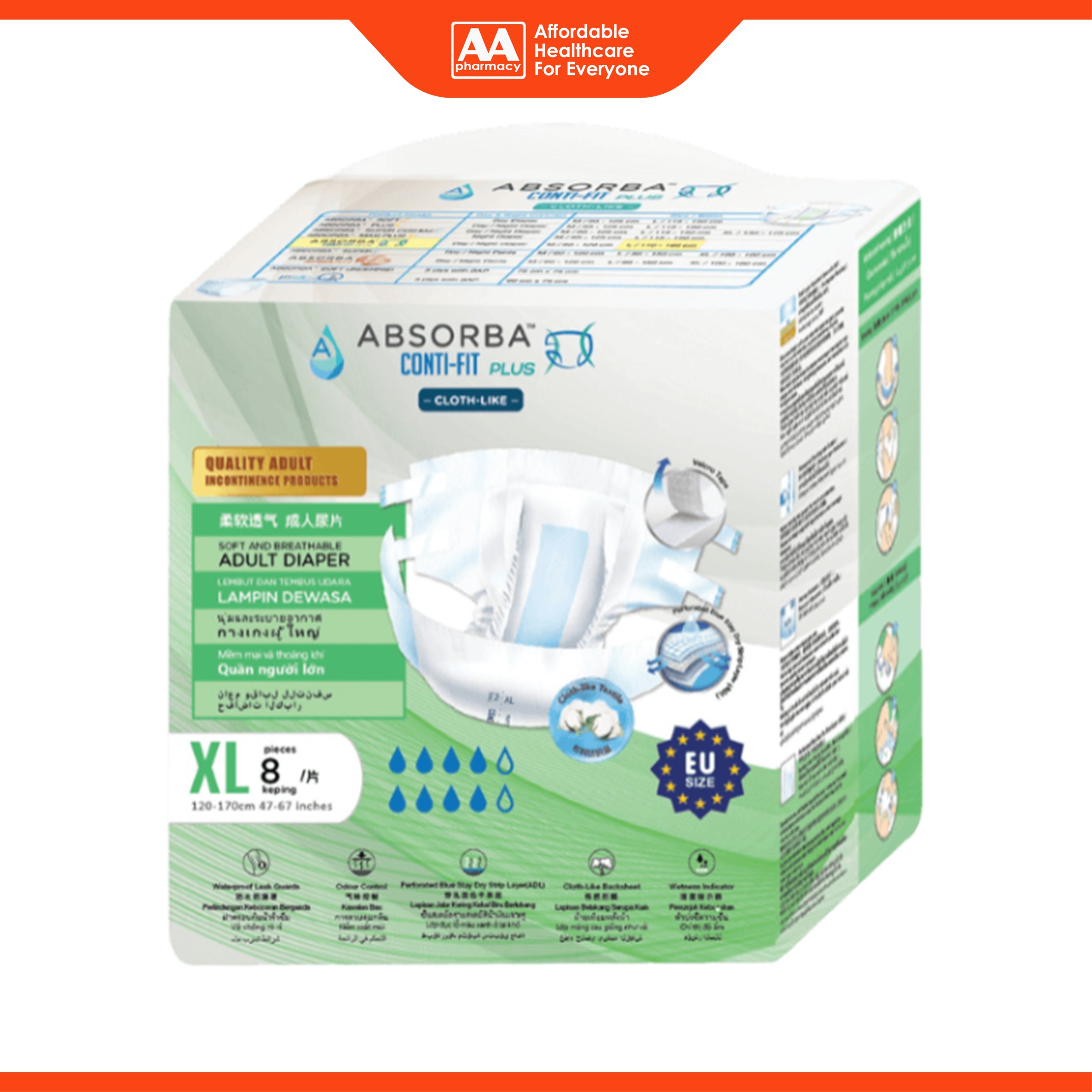 Absorba Conti-Fit Plus Adult Diapers Size XL 8's (120-170cm / 47-67 inches)