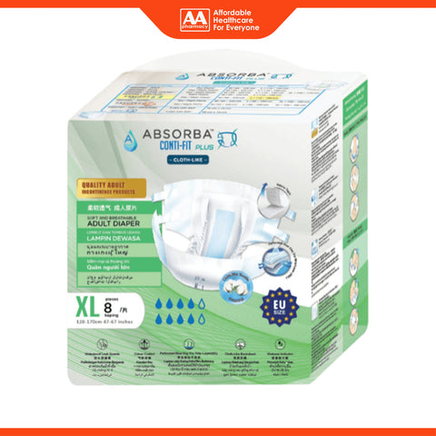 Absorba Conti-Fit Plus Adult Diapers Size XL 8's (120-170cm / 47-67 inches)