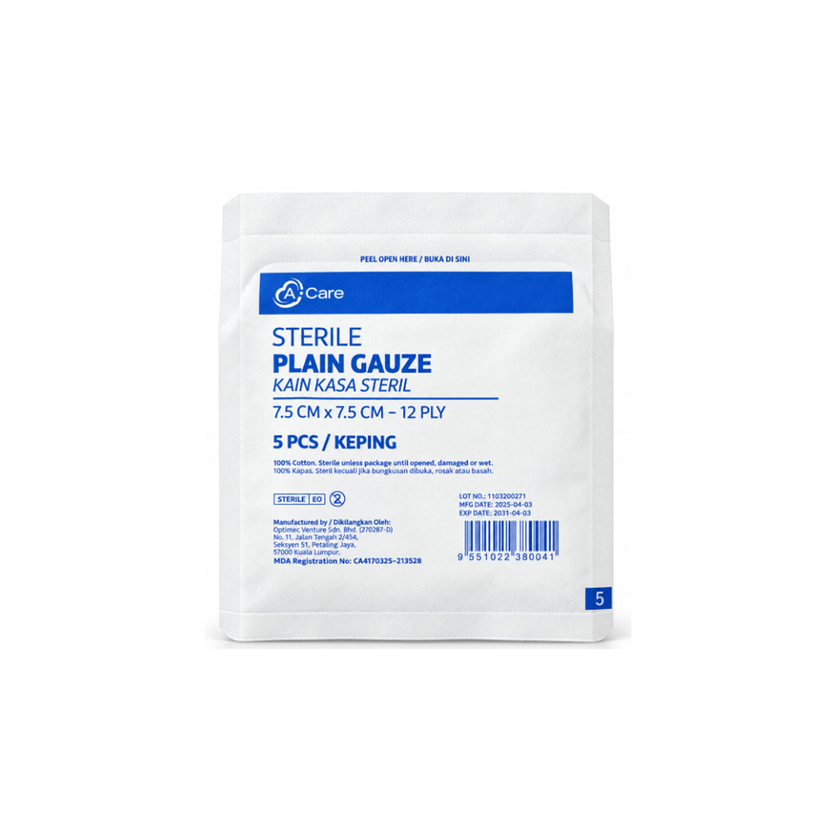 A-Care Sterile Plain Gauze - 7.5cm x 7.5cm, 12ply (20 x 5's)