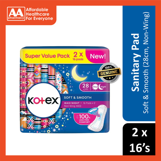 Kotex Pads (Soft and Smooth, Maxi Night Non-Wing, 28cm) 2x16's [Day/Night Use]