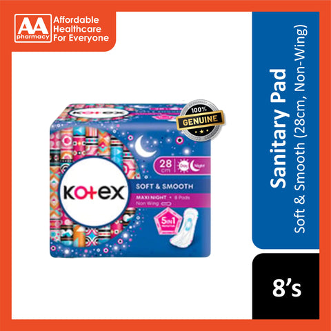 Kotex Pads (Soft and Smooth, Maxi Night Non-Wing, 28cm) 8's [Day/Night Use]