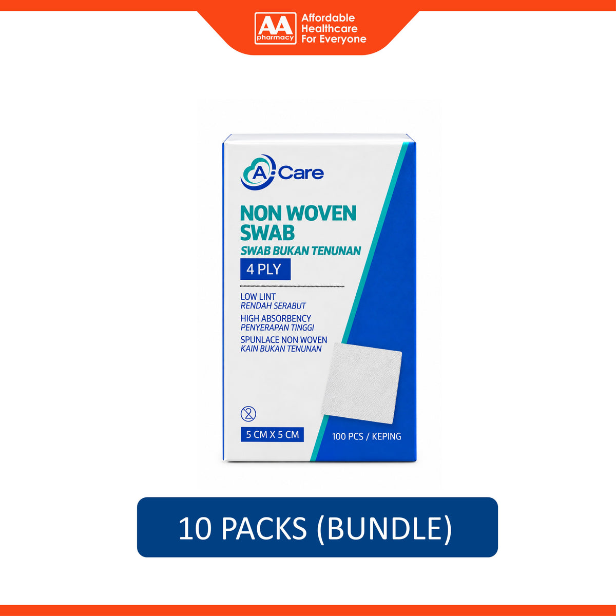 A-Care Non Woven Swab - 5cm x 5cm, 4ply (10 x 100's)