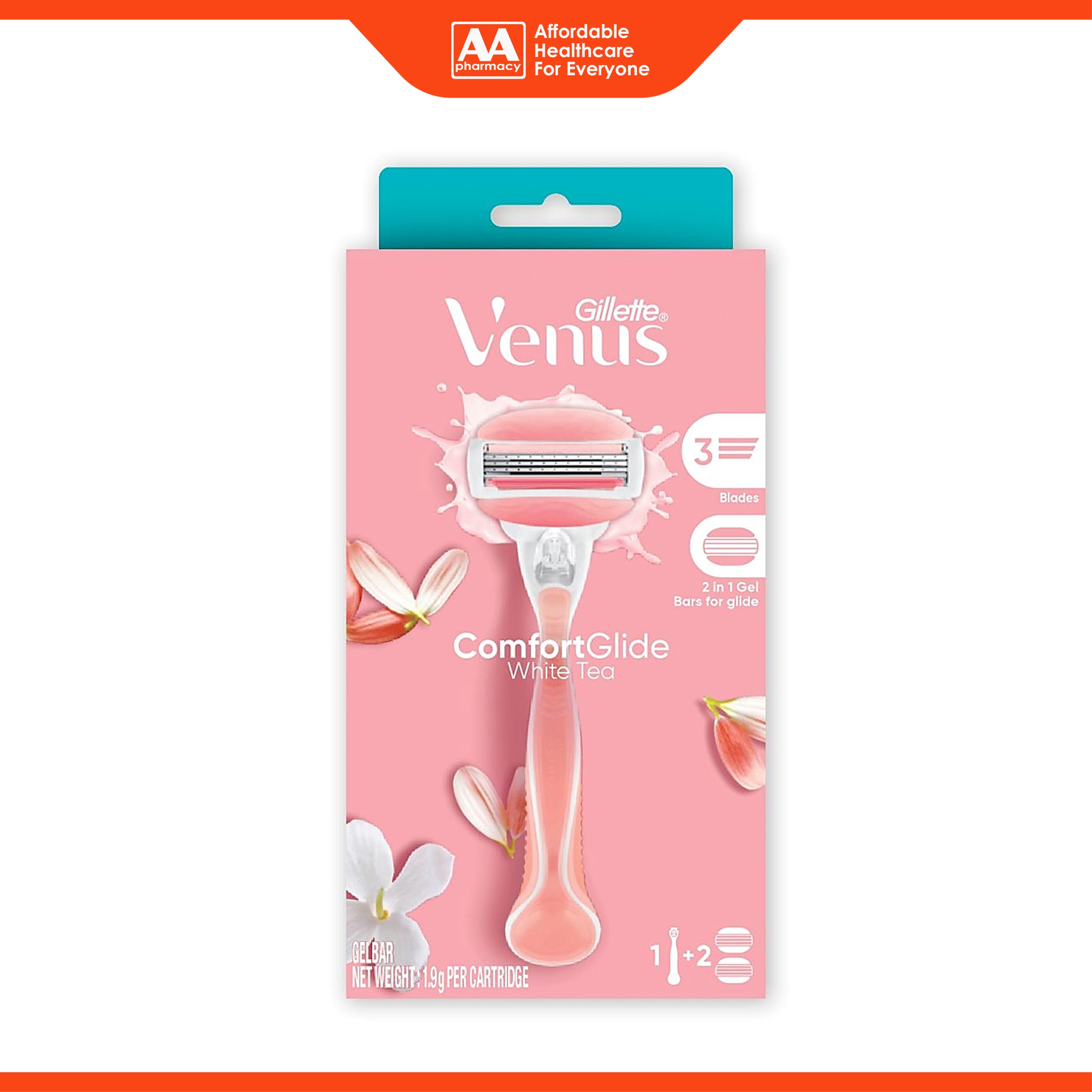 Gillette Venus ComfortGlide White Tea Scent Razor with Gel Bars - 1 Handle + 2 Cartridges