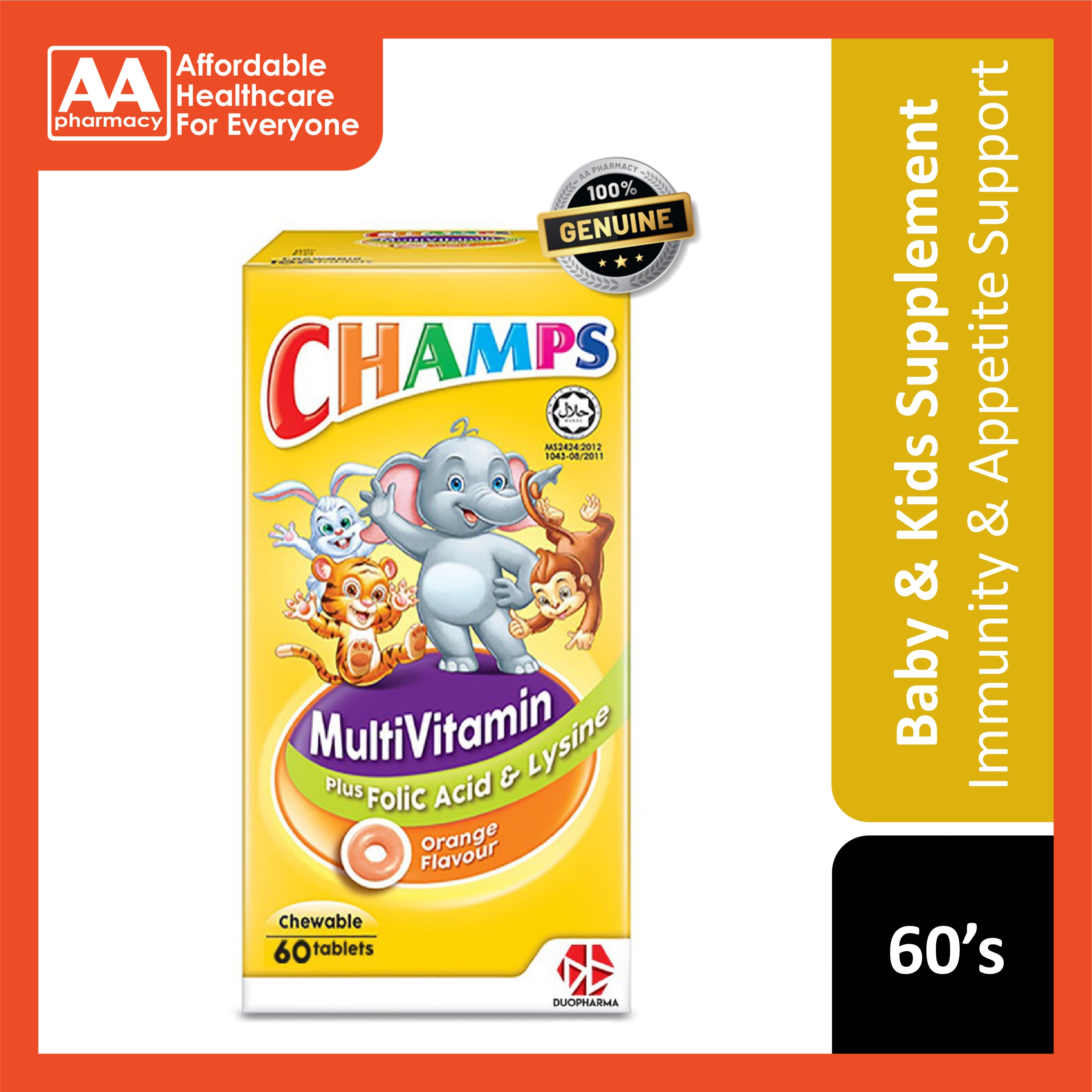 Champs Multivitamins Plus Lysine and Folic Acid Chewable Tablet 60's (Orange Flavour)