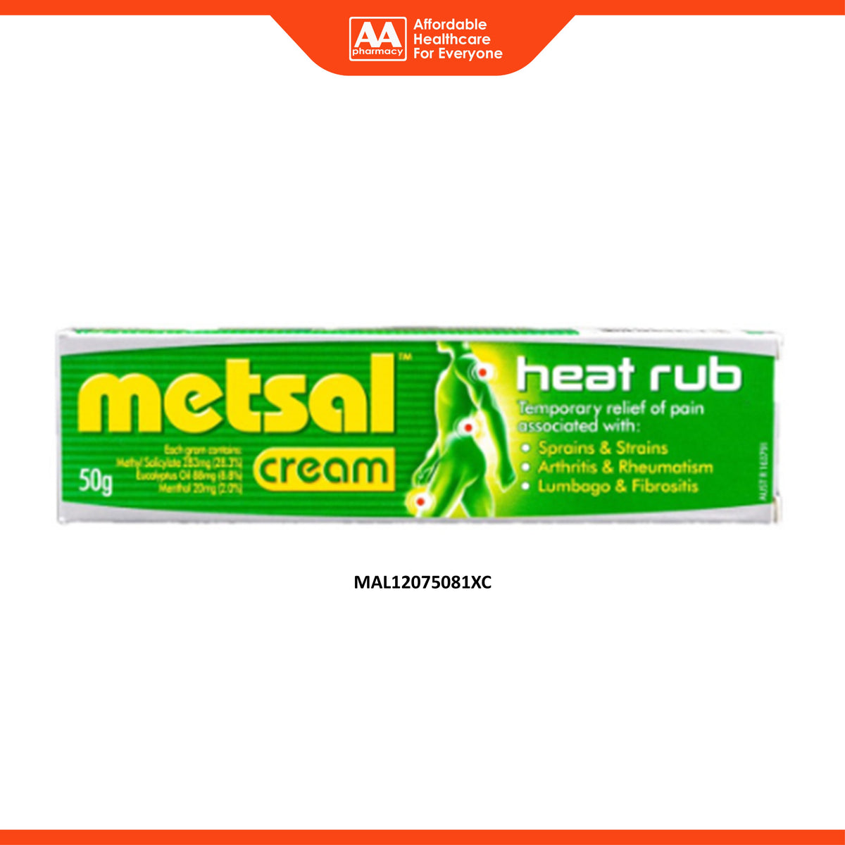 Metsal Heat Rub Cream (50g) - Relief of Pain Associated With Strains of Joints and Muscles