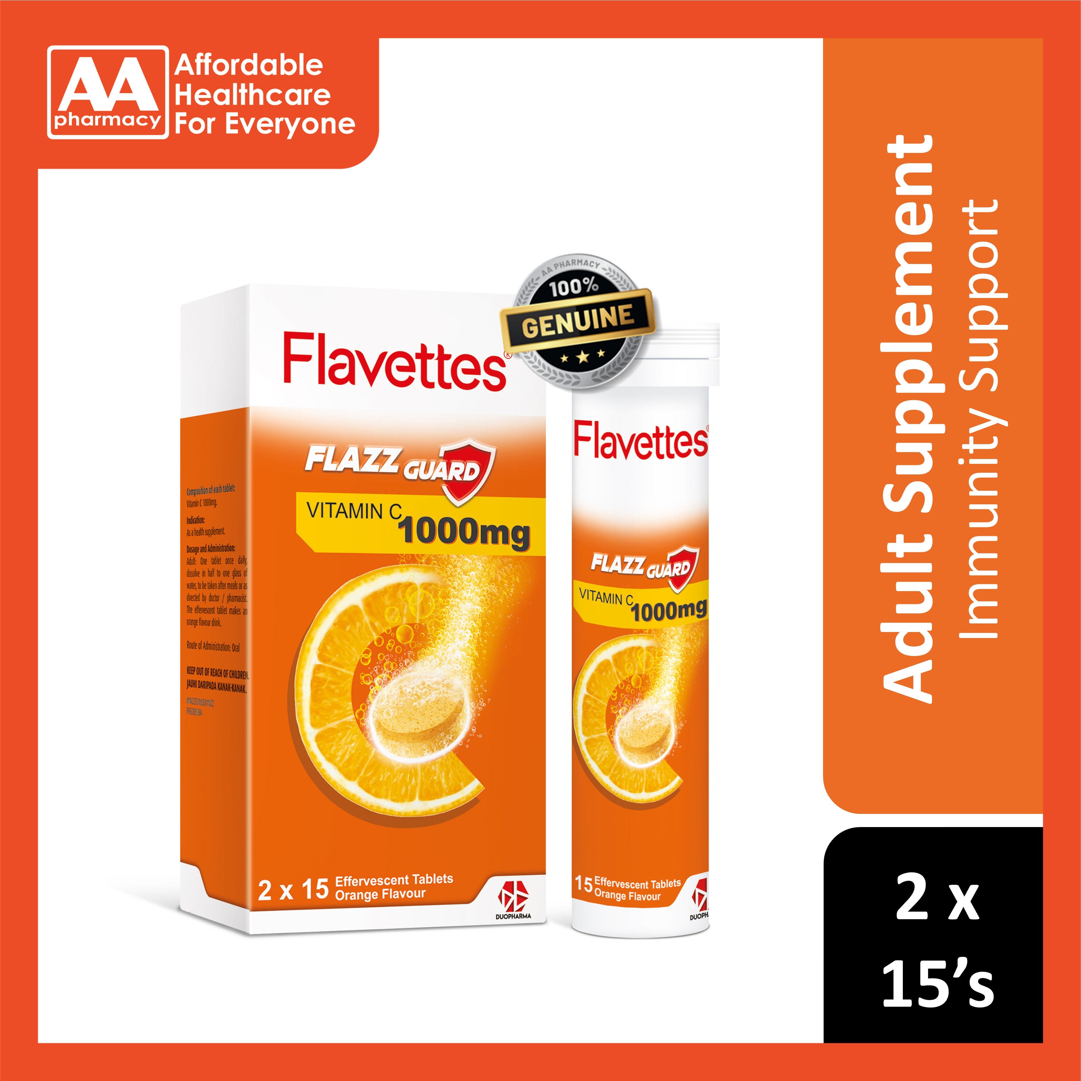 Flavettes Flazz Guard Vitamin C 1000mg Effervescent Tablet 2x15's (Orange Flavour)