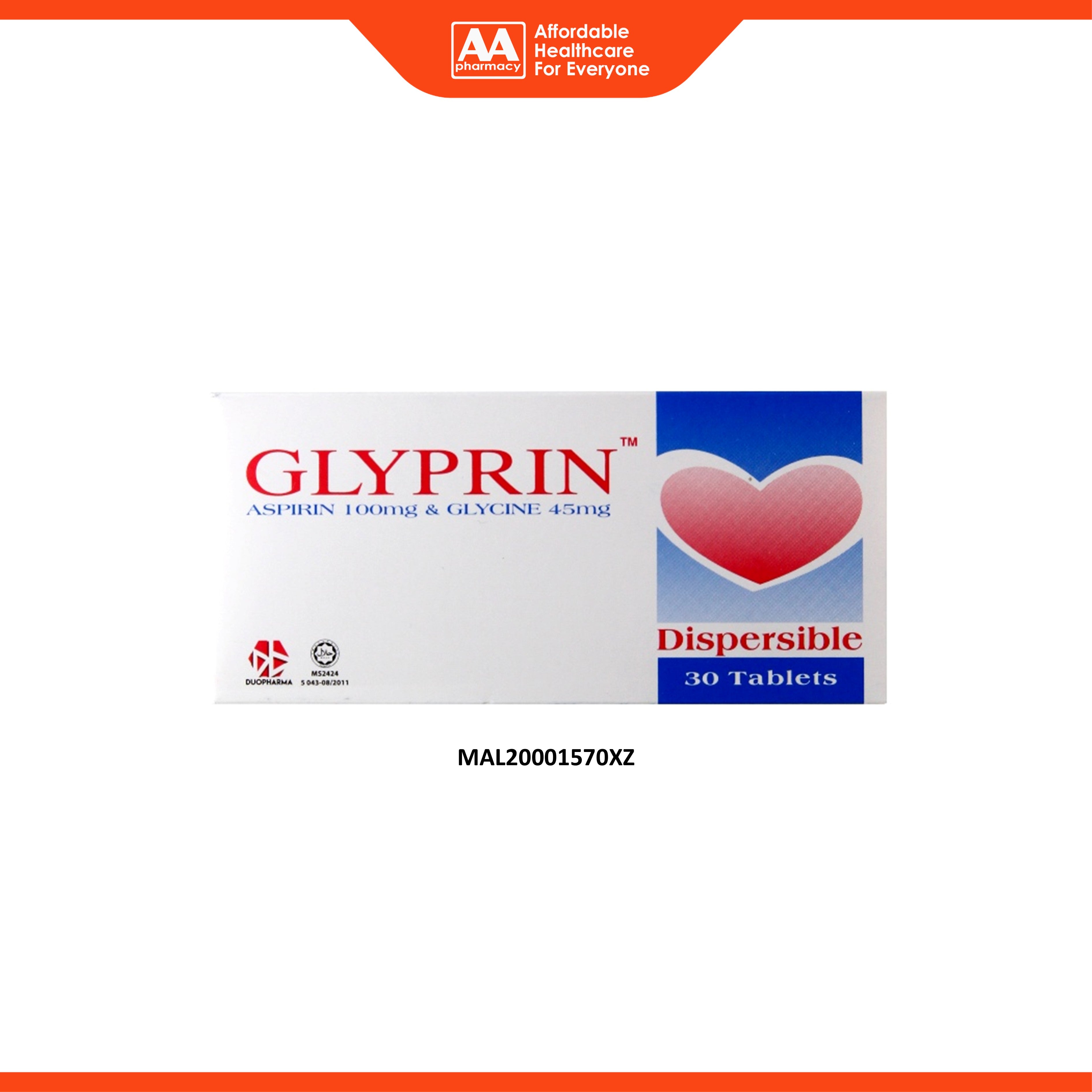 Glyprin (Aspirin 100mg and Glycine 45mg) Dispersible Tablet 3x10's