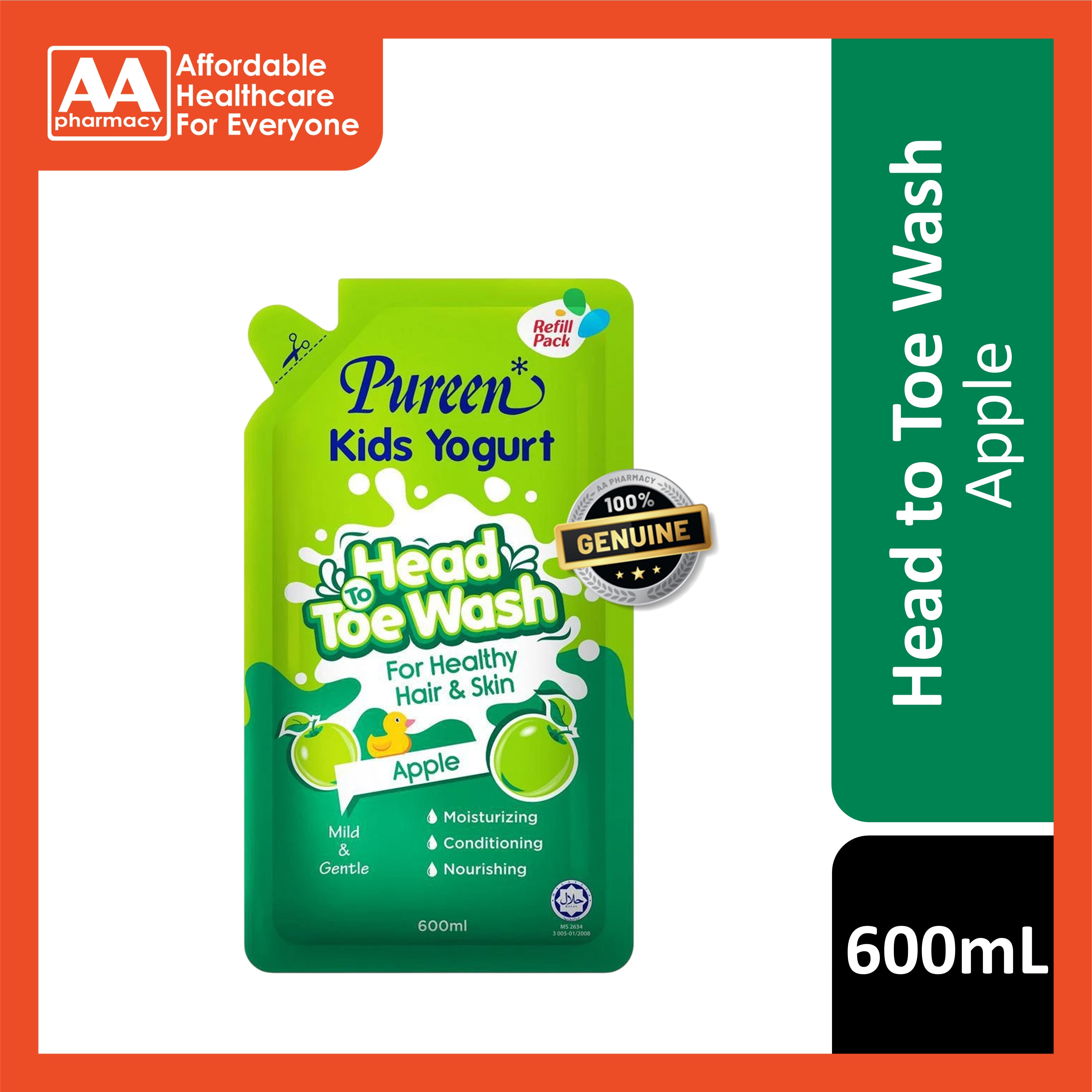 Pureen Kids Yogurt Head To Toe Wash Refill Pack 600mL - Apple