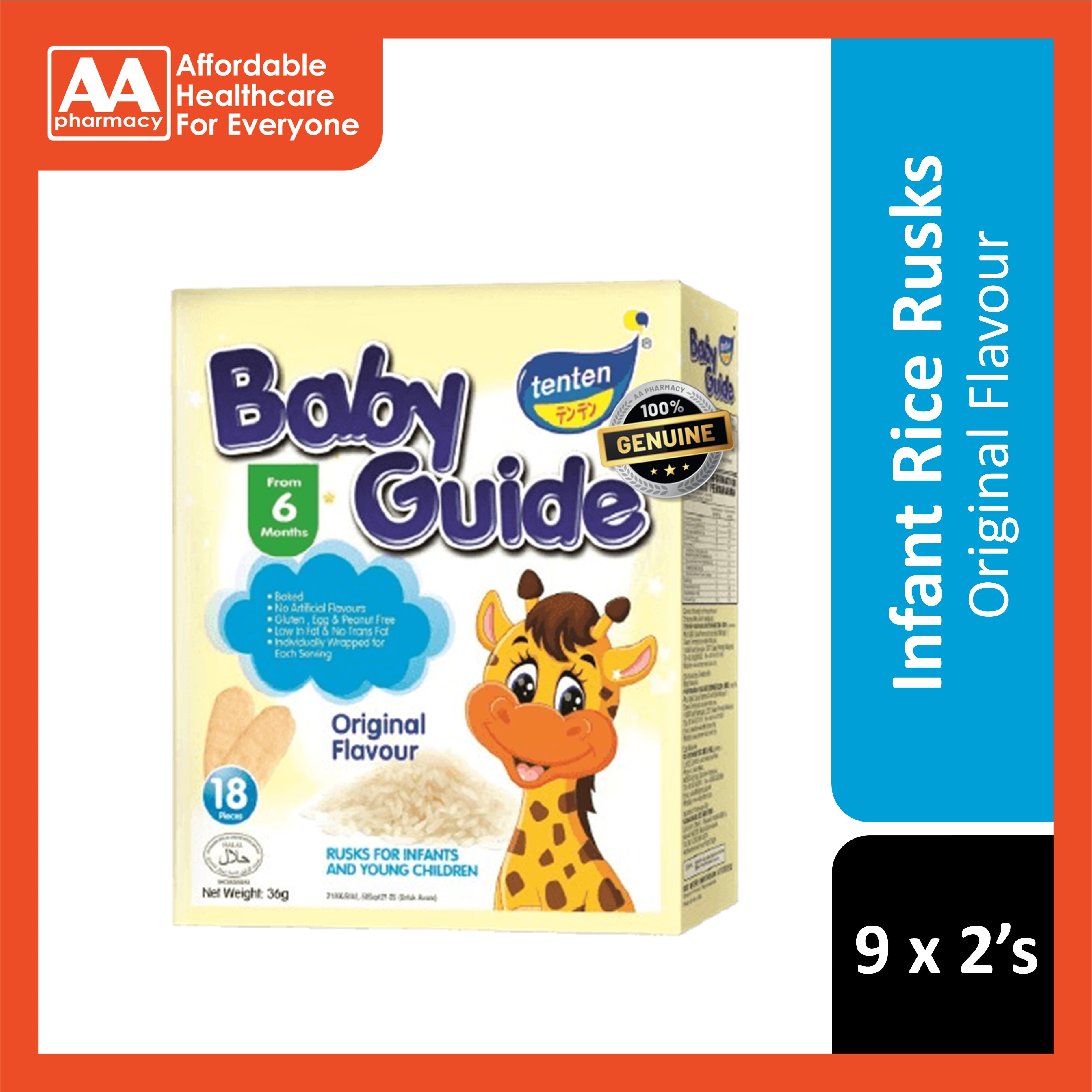 Tenten Baby Guide Rice Rusks (Original) 36g 9x2's - For 6 Months+