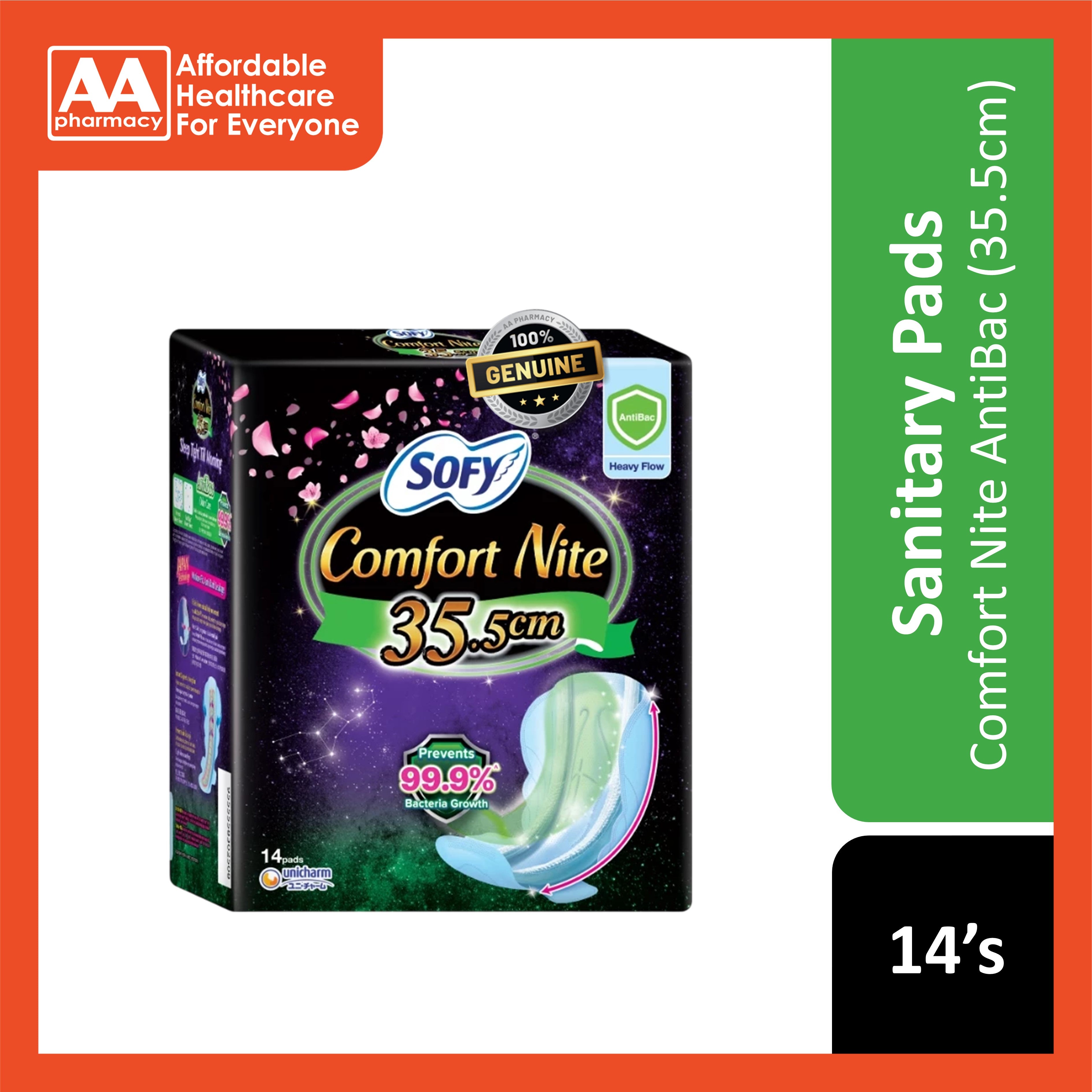 Sofy Sanitary Pads (Comfort Nite Anti Bac, Heavy Flow, Wing, 35.5cm) 14's
