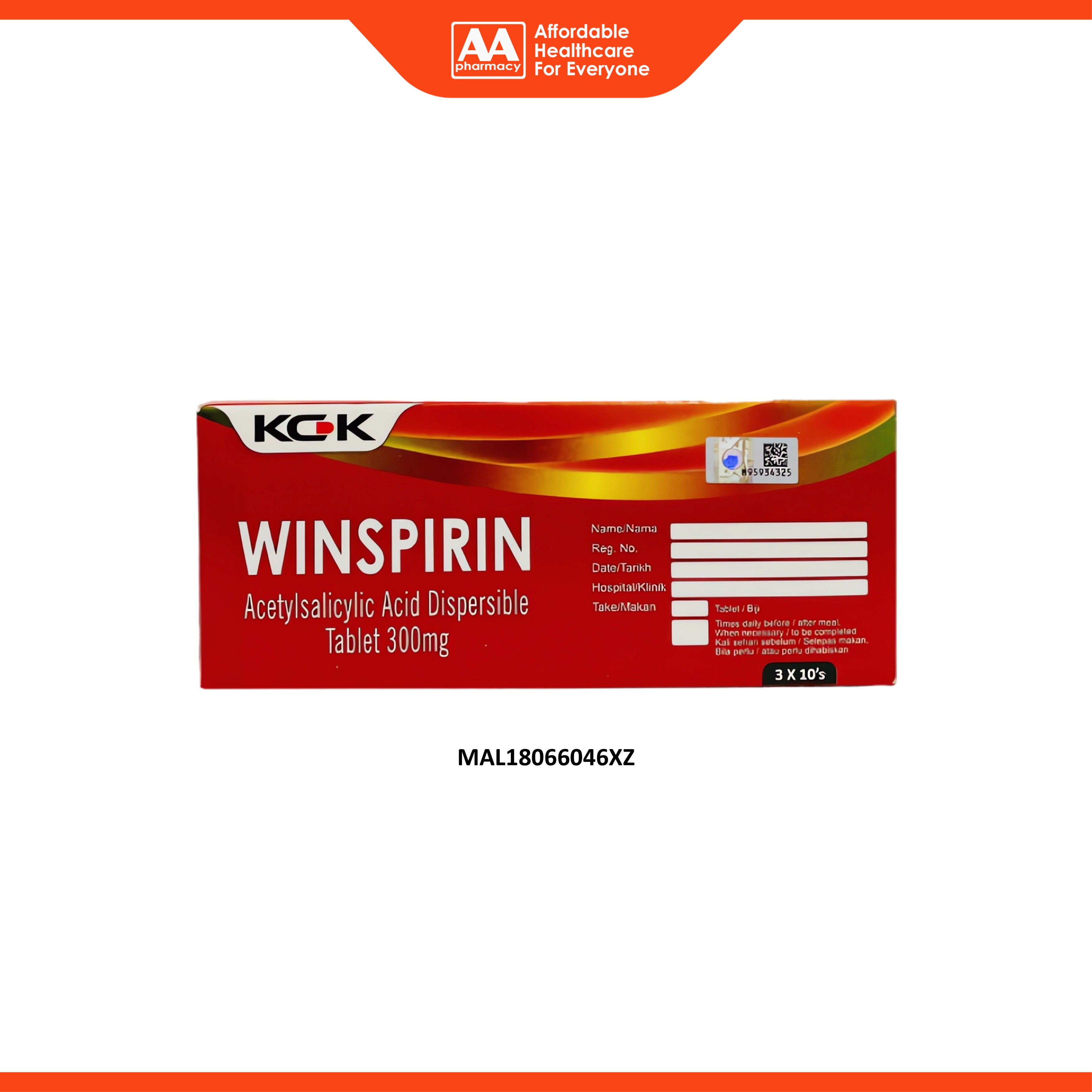 Winspirin (Acetylsalicylic Acid 300mg) Dispersible Tablet 3x10's