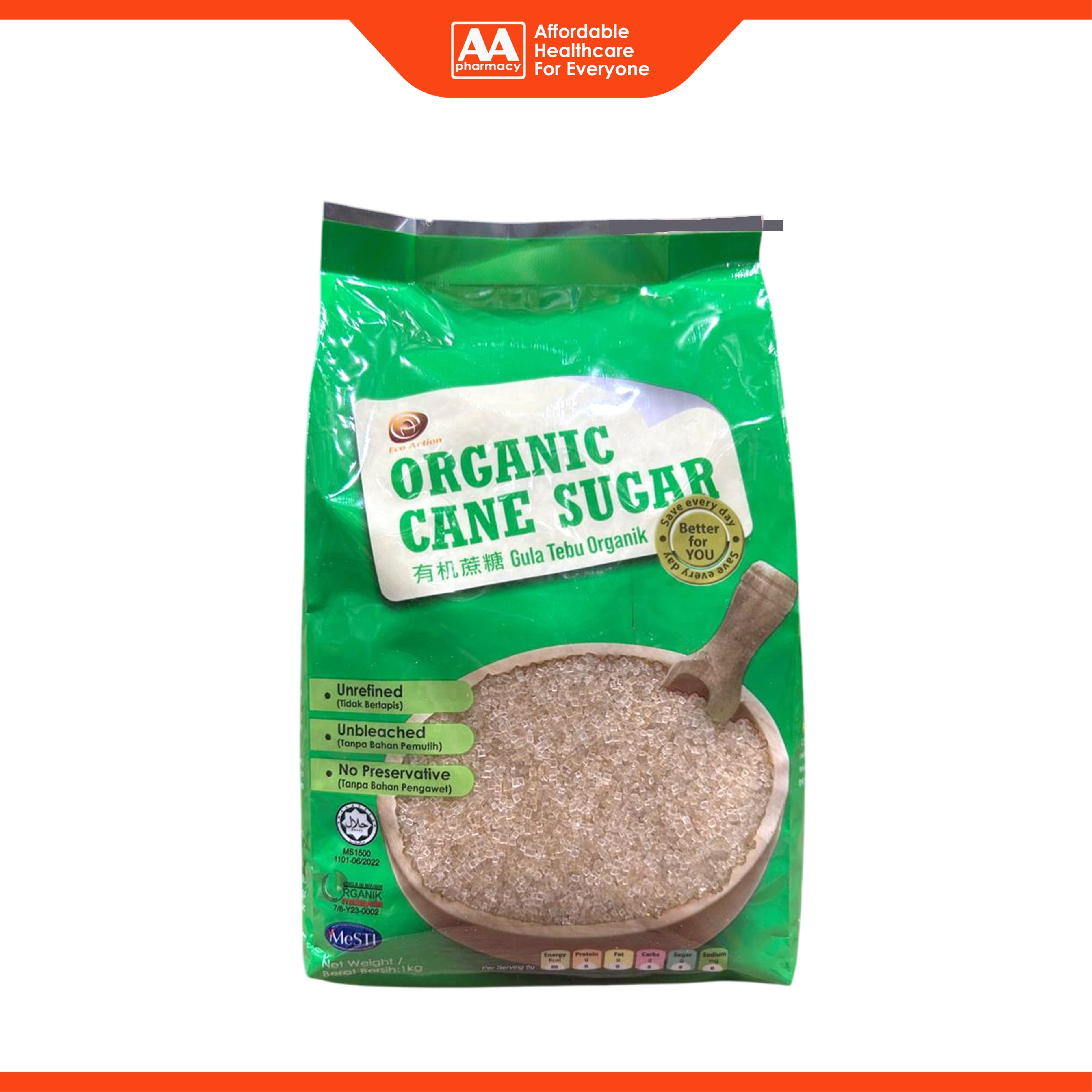 Eco Action Organic Cane Sugar (Unrefined, Unbleached) 1kg