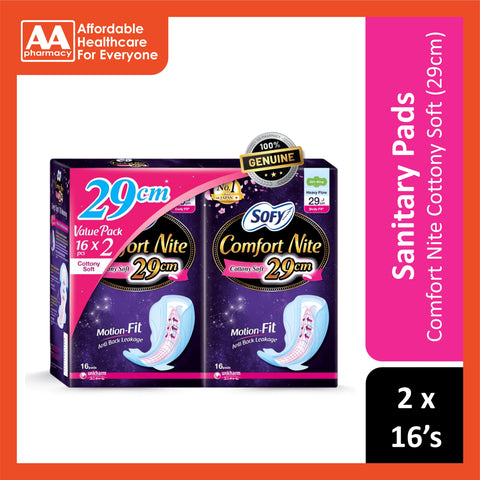 Sofy Sanitary Pads (Comfort Nite Cottony Soft, Heavy Flow, Wing, 29cm) 2x16's
