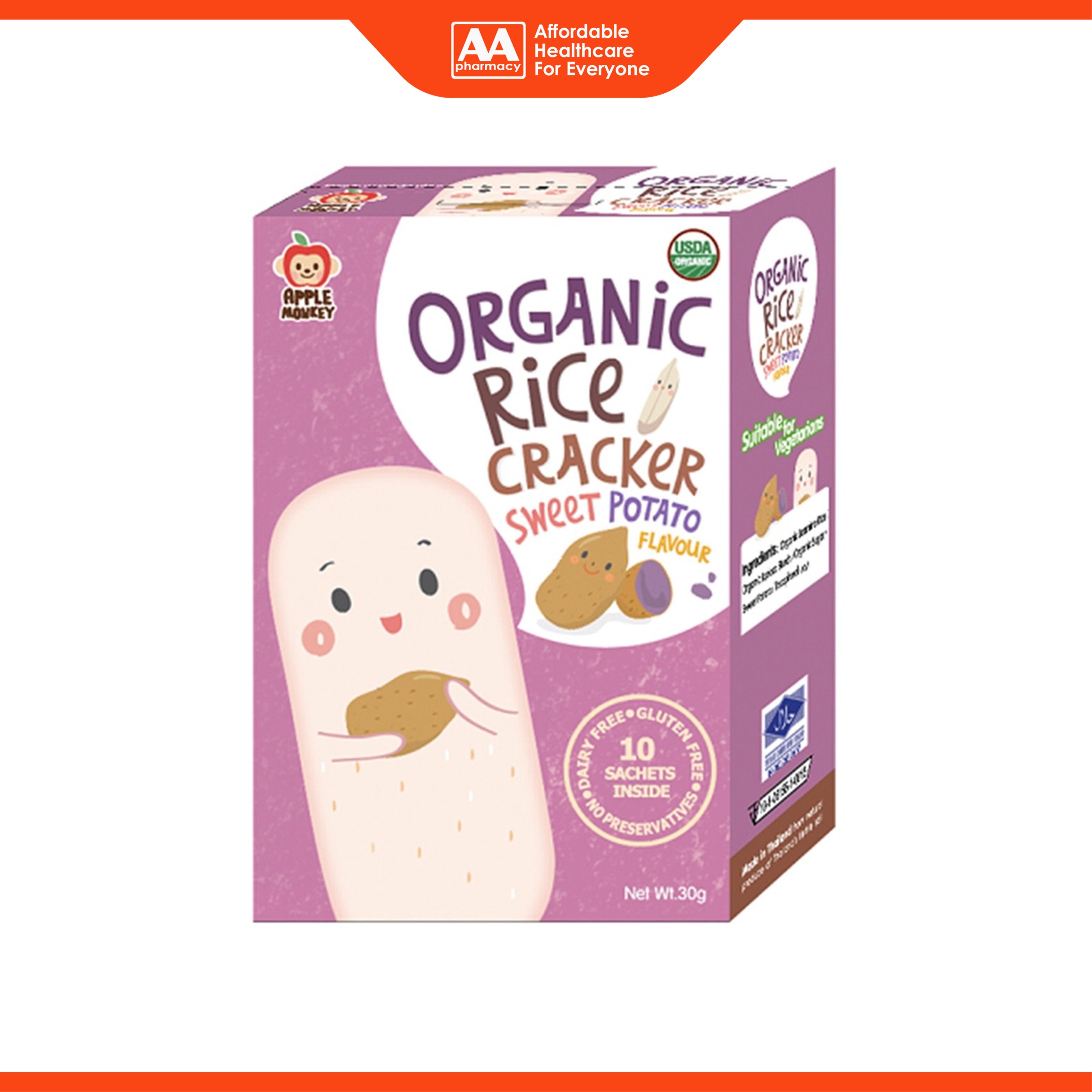 Apple Monkey Organic Rice Cracker - Sweet Potato Flavour (10 x 3g)