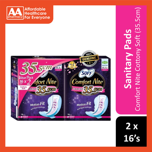 Sofy Sanitary Pads (Comfort Nite Cottony Soft, Heavy Flow, Wing, 35.5cm) 2x16's