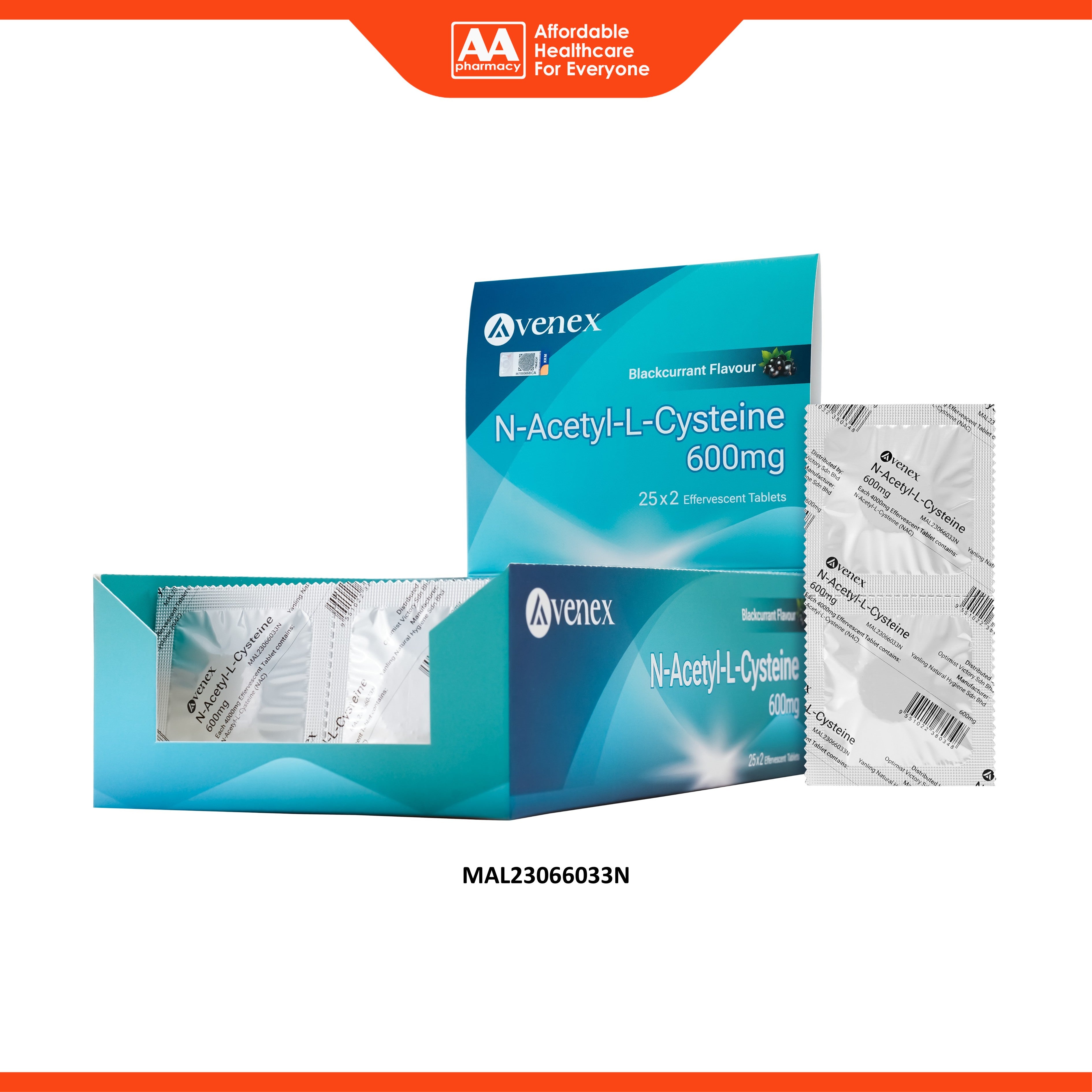Avenex N-Acetyl-L-Cysteine NAC 600mg Effervescent Tablet 25x2's (Blackcurrant Flavour)