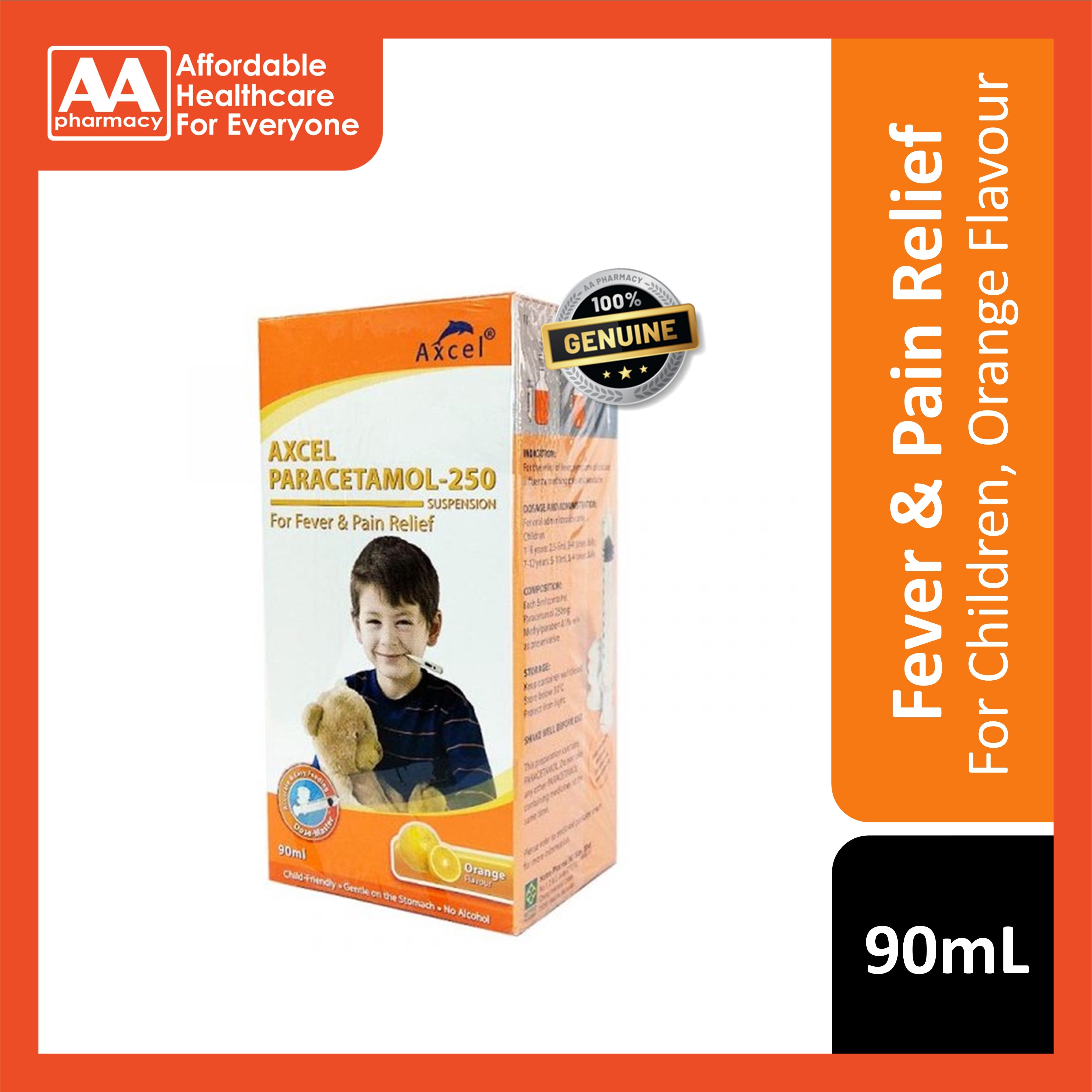 Axcel Paracetamol 250mg Suspension (Orange Flavour) 90mL – AA Pharmacy