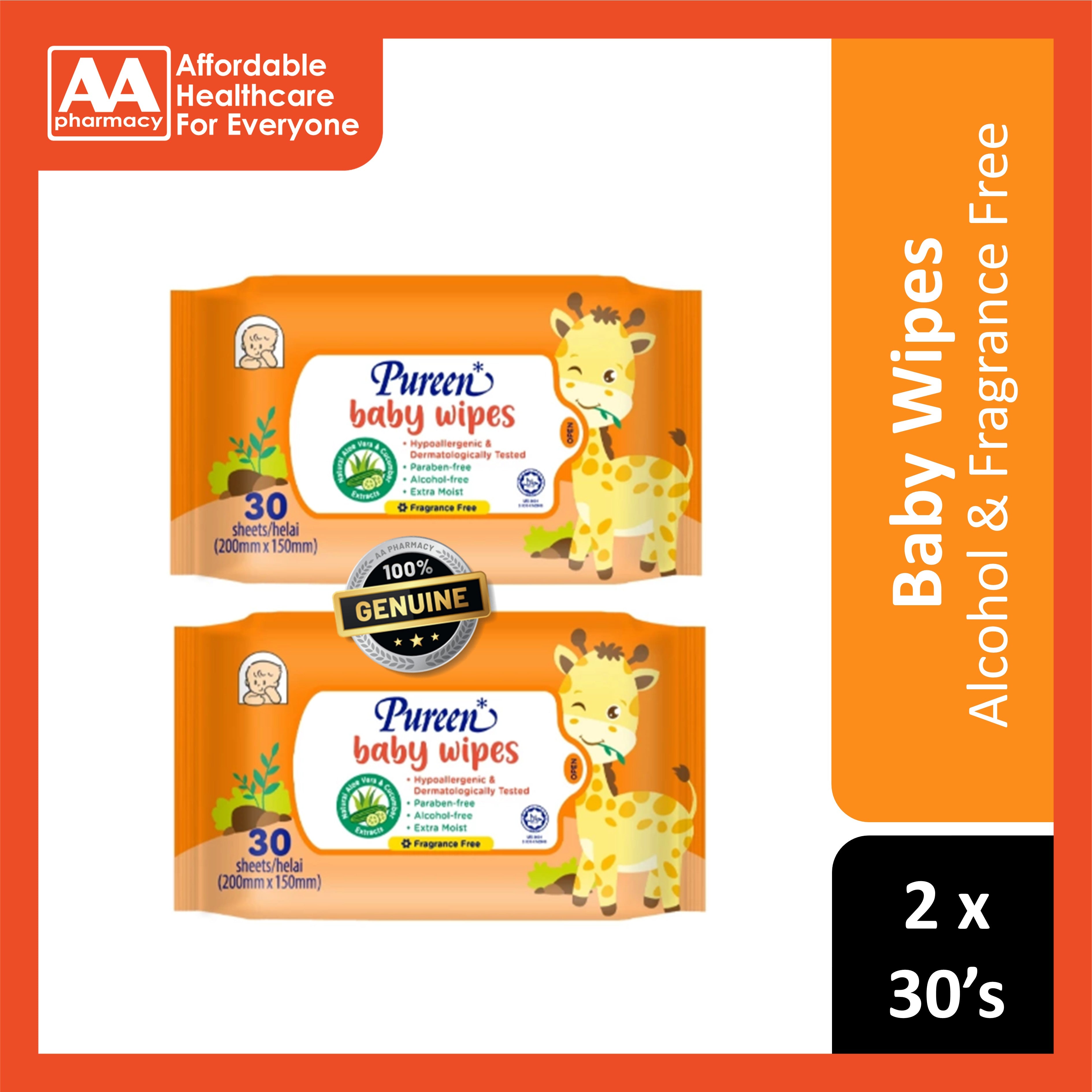 Pureen Baby Wipes (Fragrance-Free) 2x30's [Value Pack]