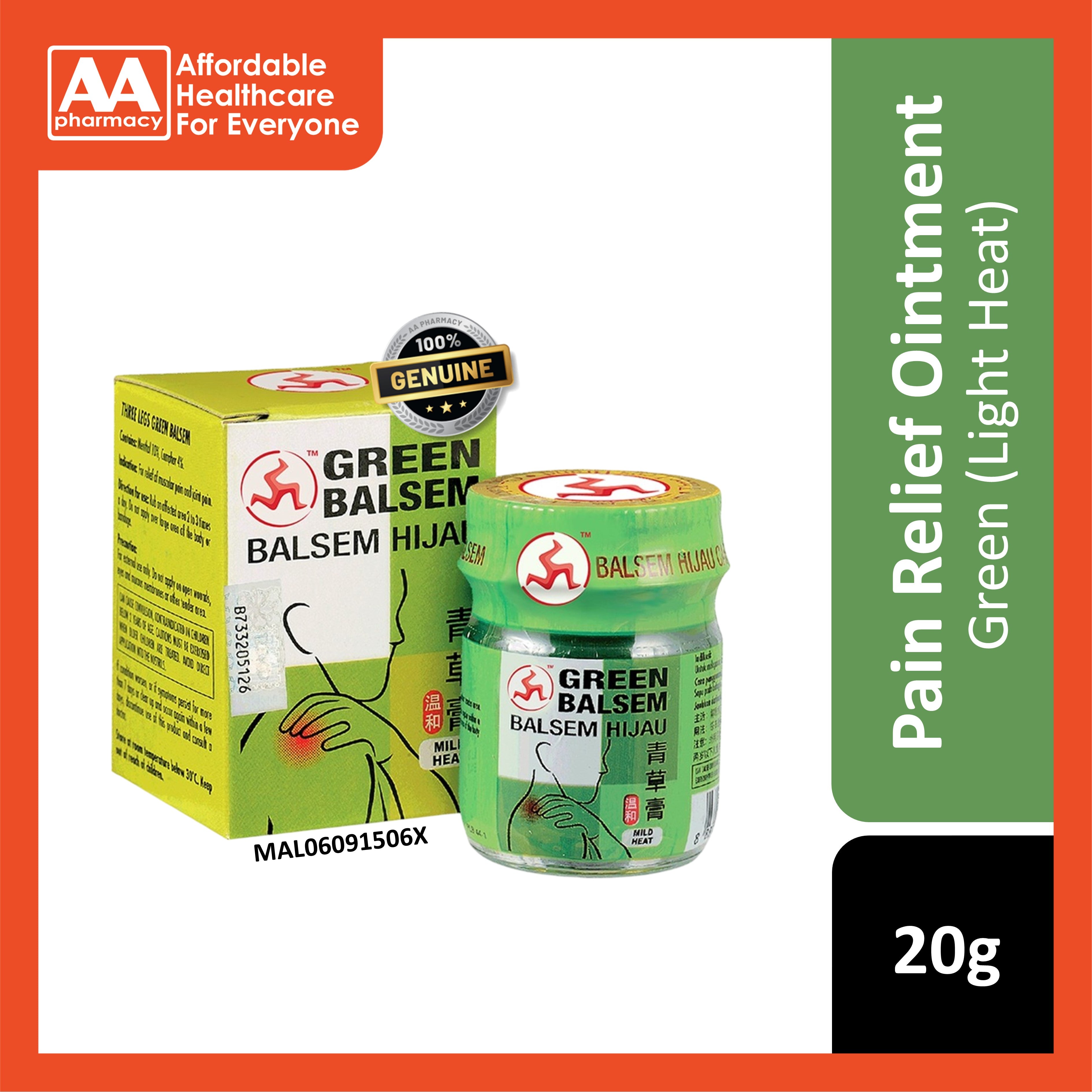 3 Legs Green Balsem Pain Relief Ointment 20g (Light Heat)