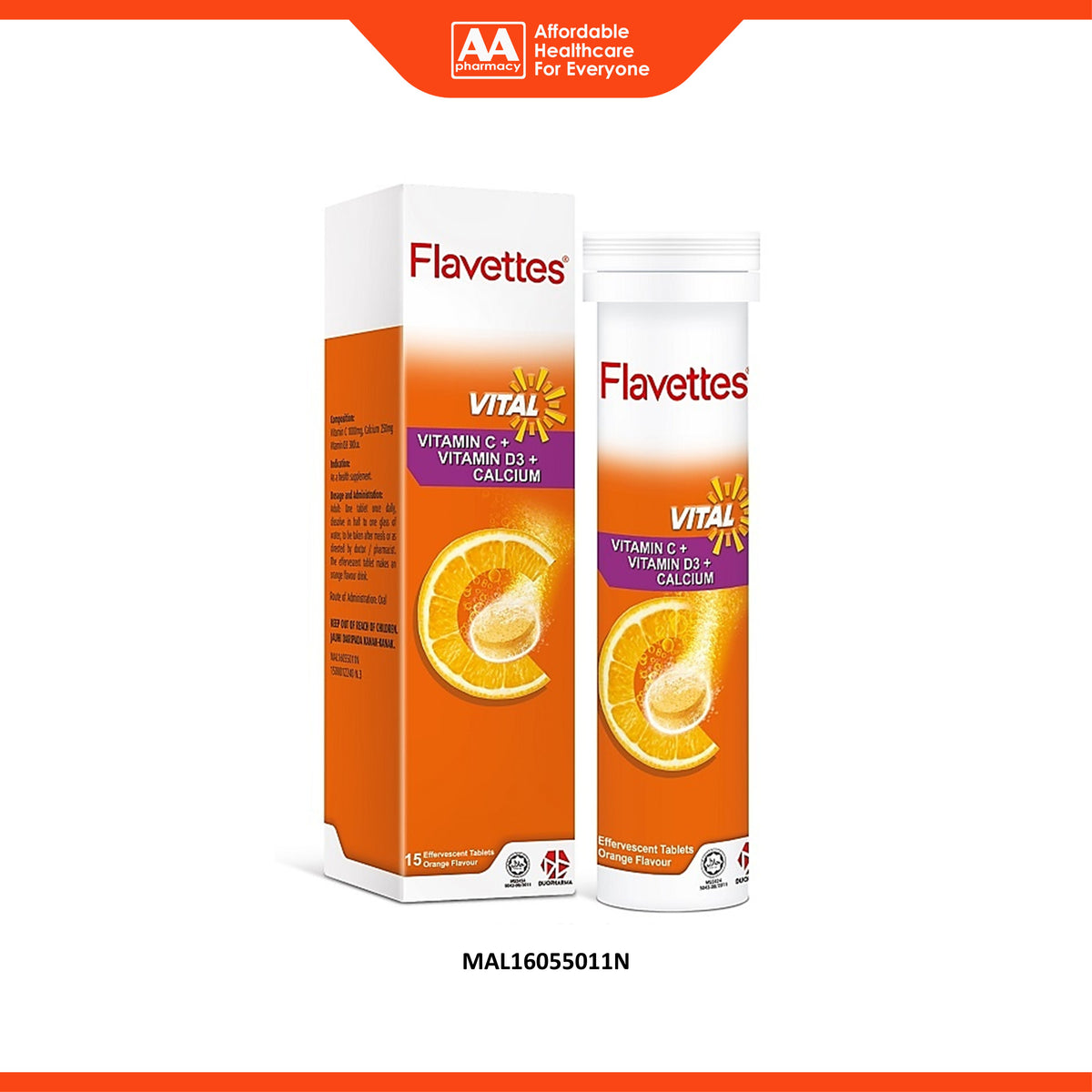 Flavettes Vital (Vitamin C 1000mg + Vitamin D3 1000IU + Calcium 250mg) Effervescent Tablet (15's) - Orange Flavour