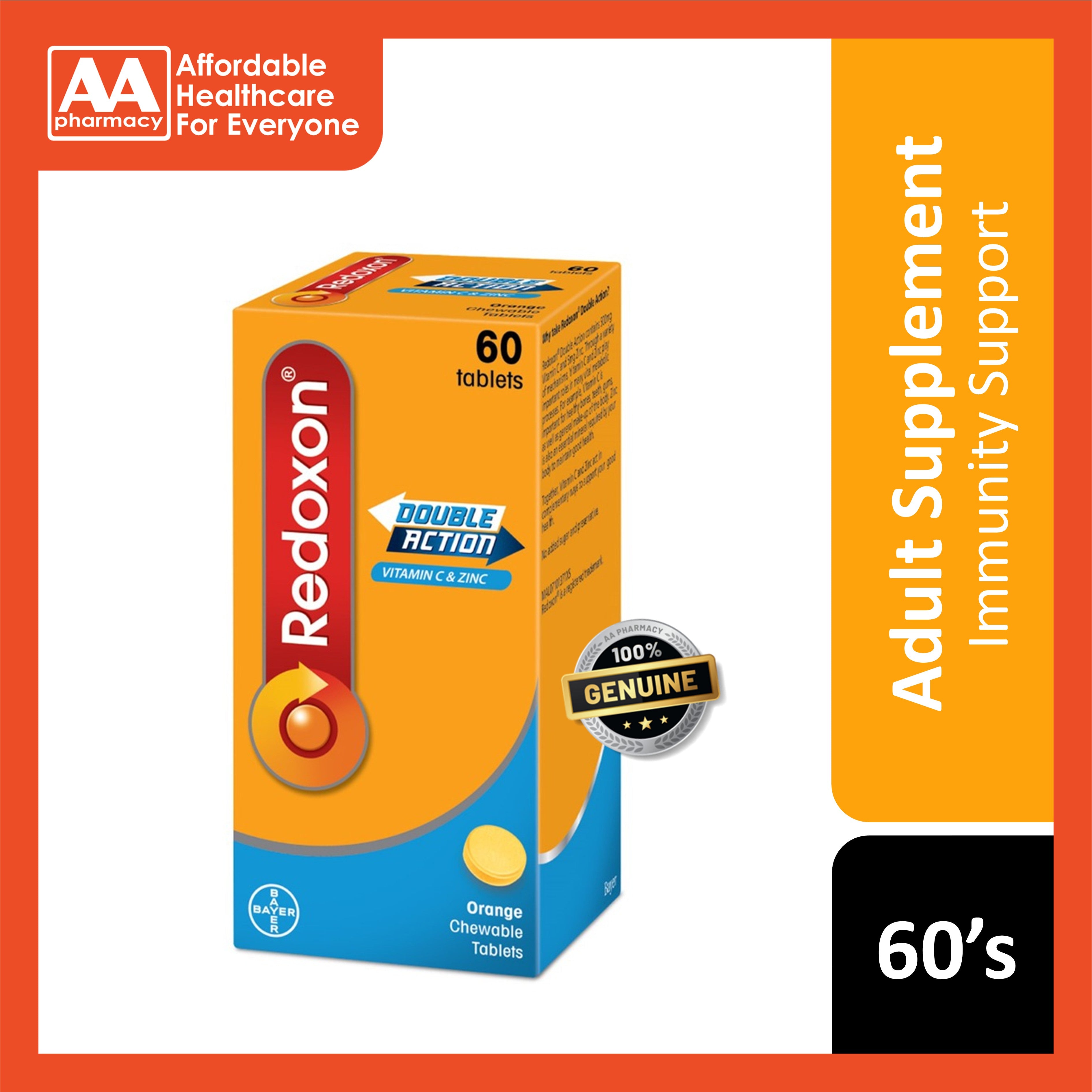 Redoxon Double Action (Vitamin C and Zinc) Chewable Tablet 60's (Orange Flavour)