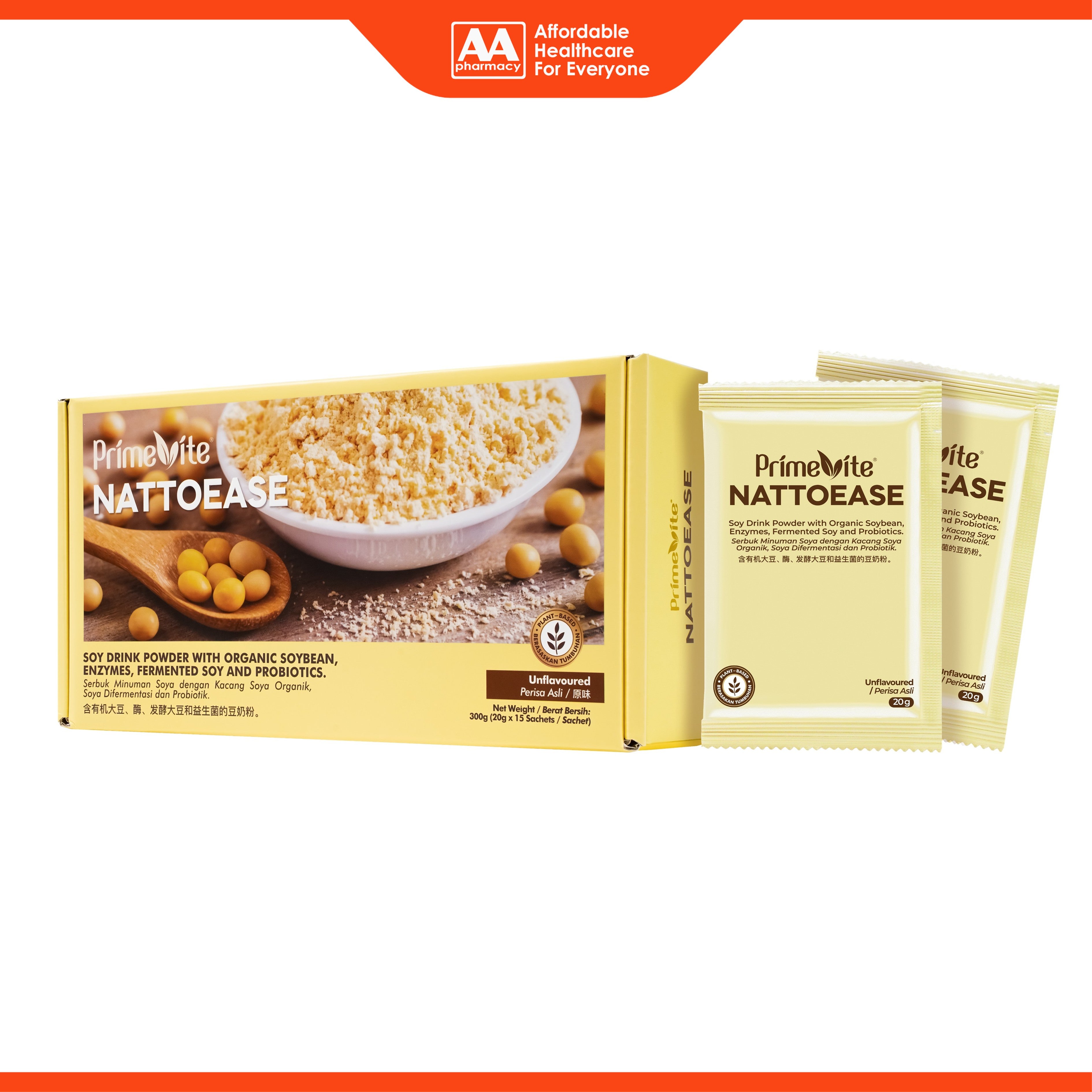 PrimeVite Nattoease (Soy Drink Powder with Organic Soybean, Enzymes, Fermented Soy, Probiotics) Sachet 20gx15's (Unflavoured)