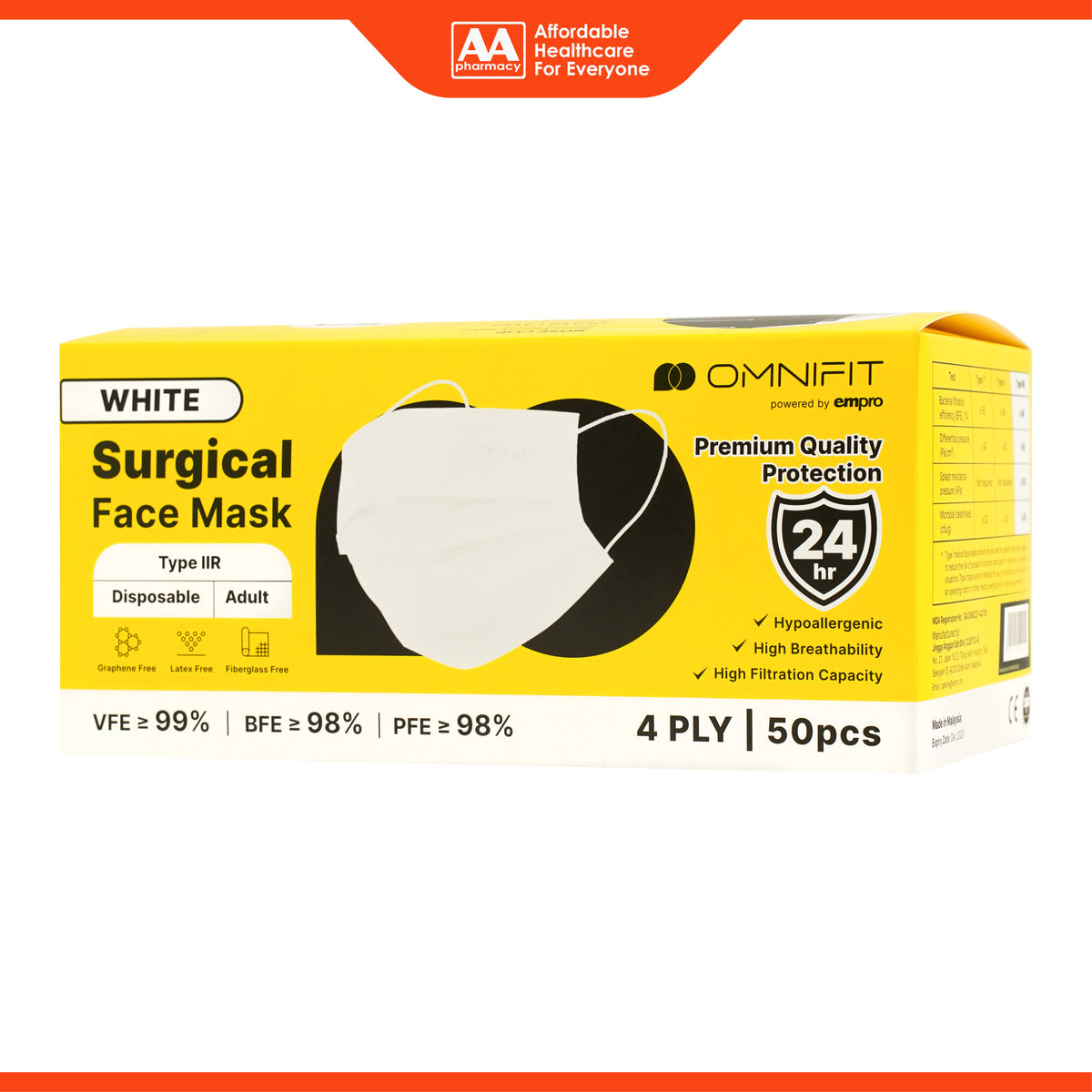 Omnifit Surgical Face Mask - 4 ply, White (50's)