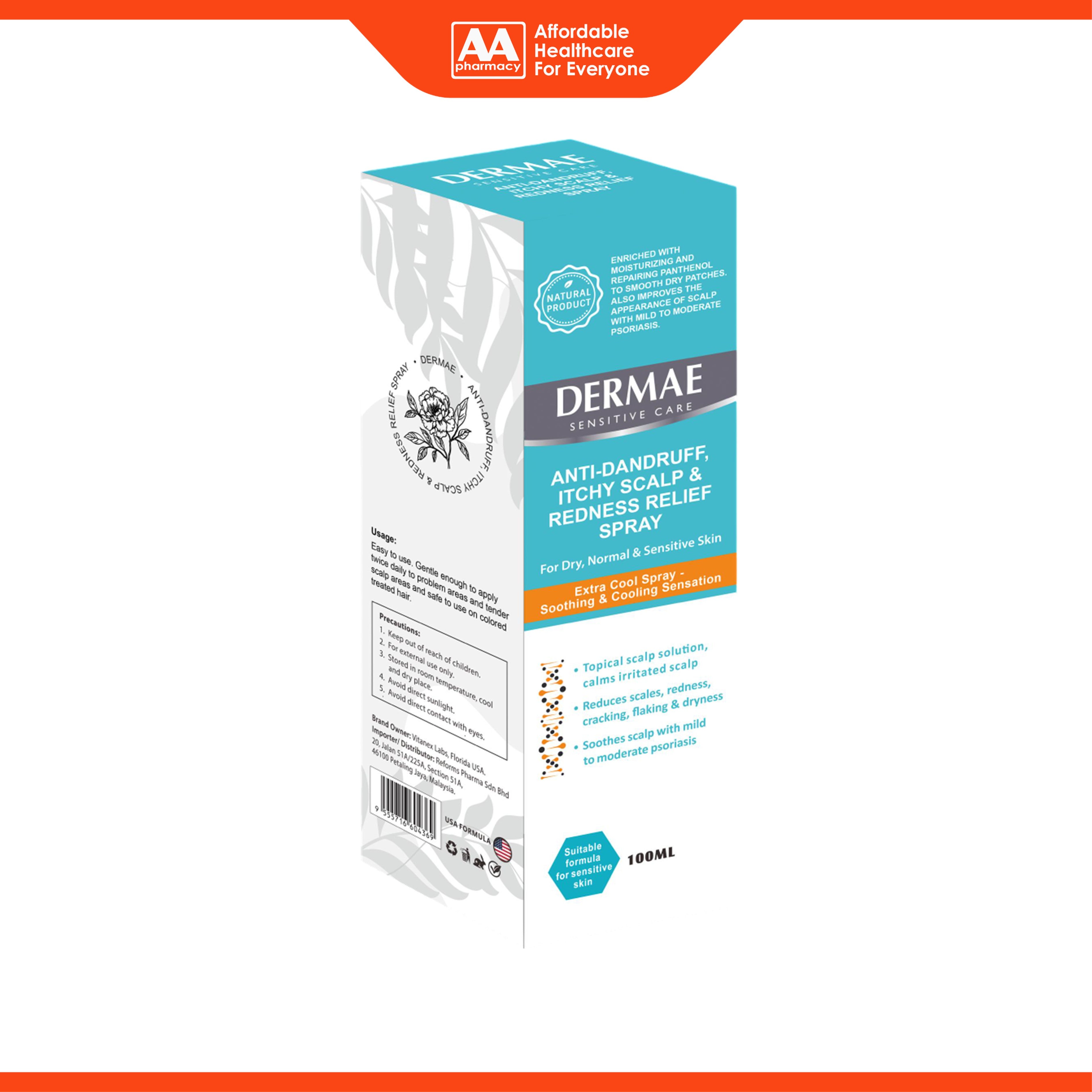 Dermae Anti-Dandruff, Itchy Scalp and Redness Relief Spray (100ml)