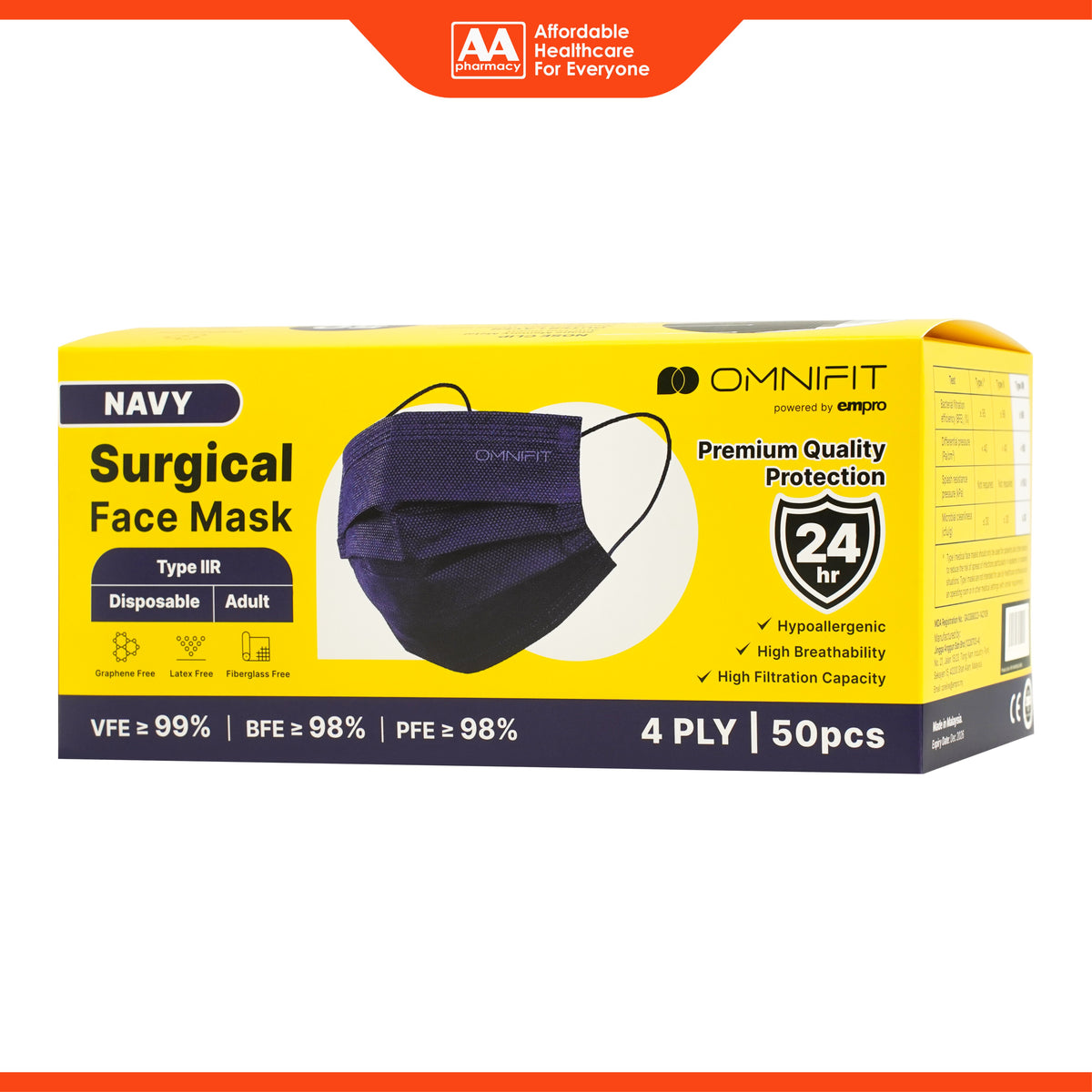 Omnifit Surgical Face Mask - 4 ply, Navy Blue (50's)