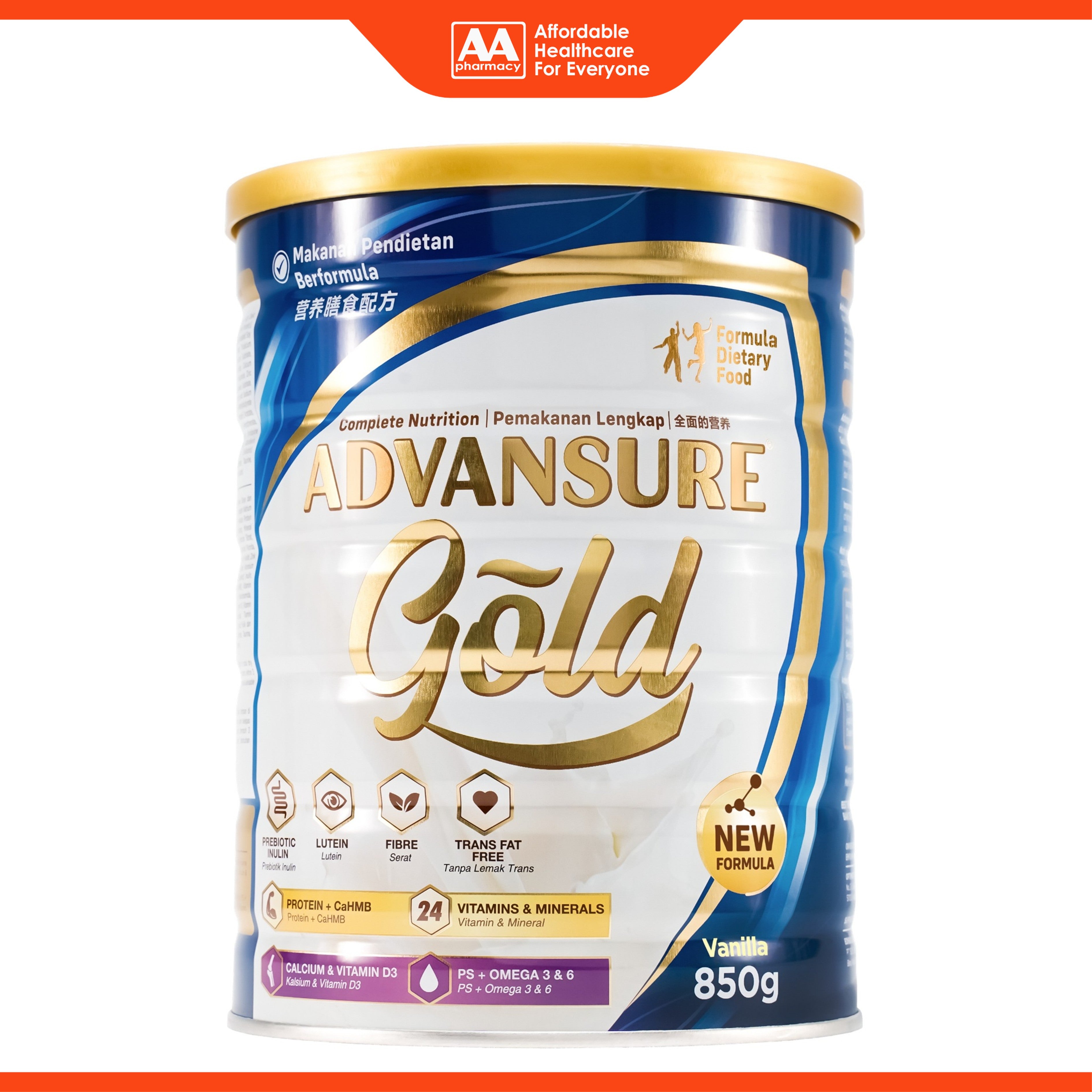 Advansure Gold Complete Nutrition Formula Dietary Food 850g (Vanilla Flavour)