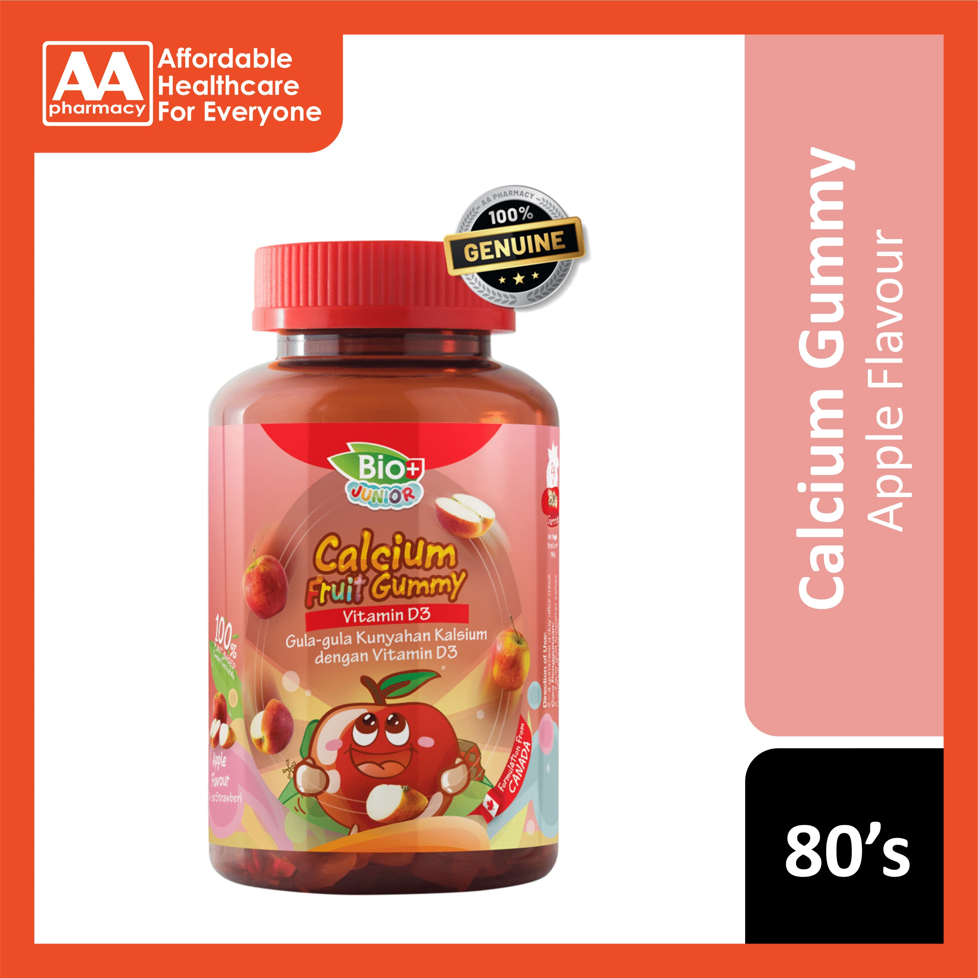 BioPlus Junior Calcium Fruit Gummy with Magnesium, Vitamin D3 & K2 80's (Apple Flavour)