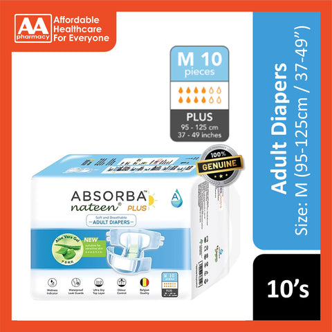 Absorba Nateen Plus Adult Diapers Size M 10's (95-125cm / 37-49 inches)