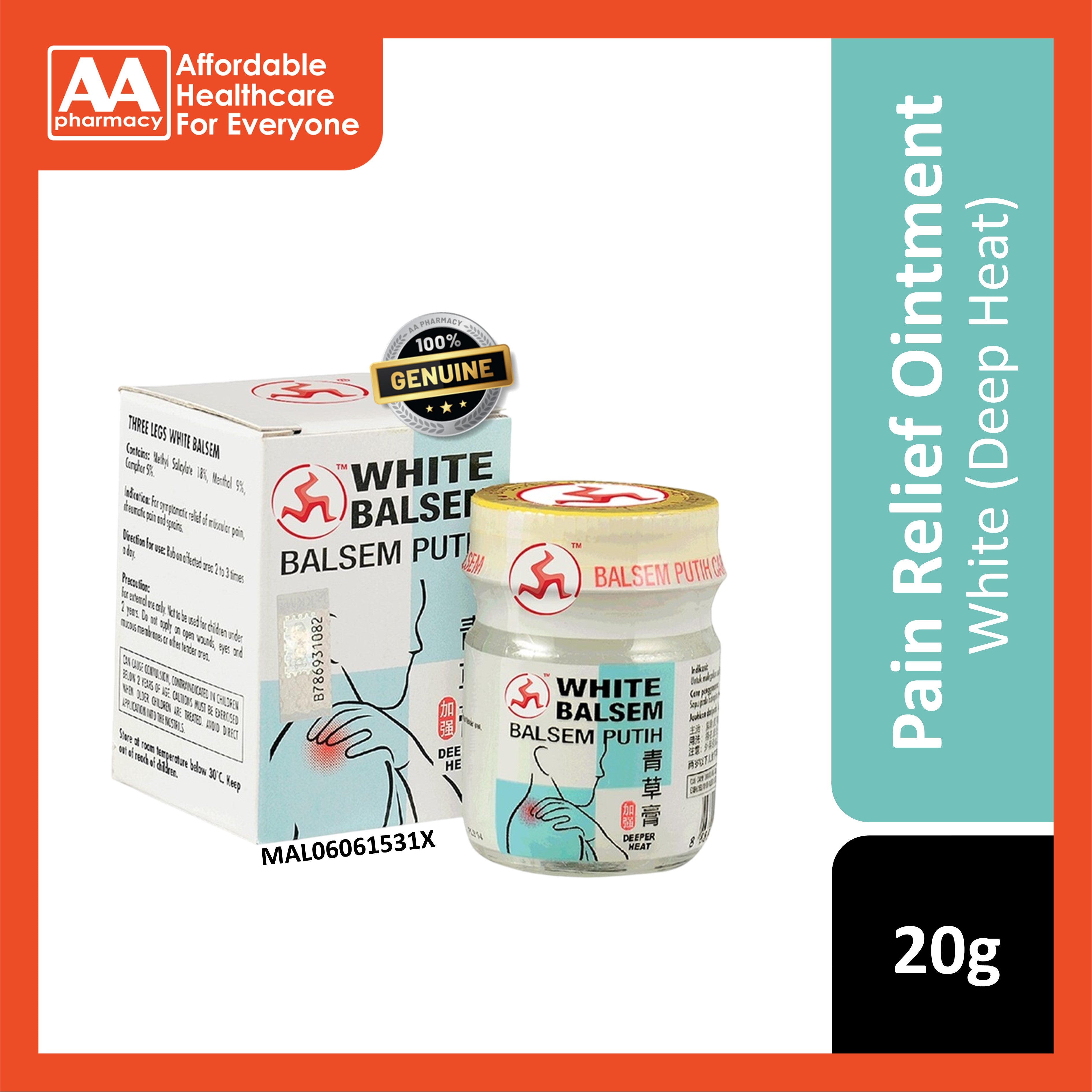 3 Legs White Balsem Pain Relief Ointment 20g (Deep Heat)