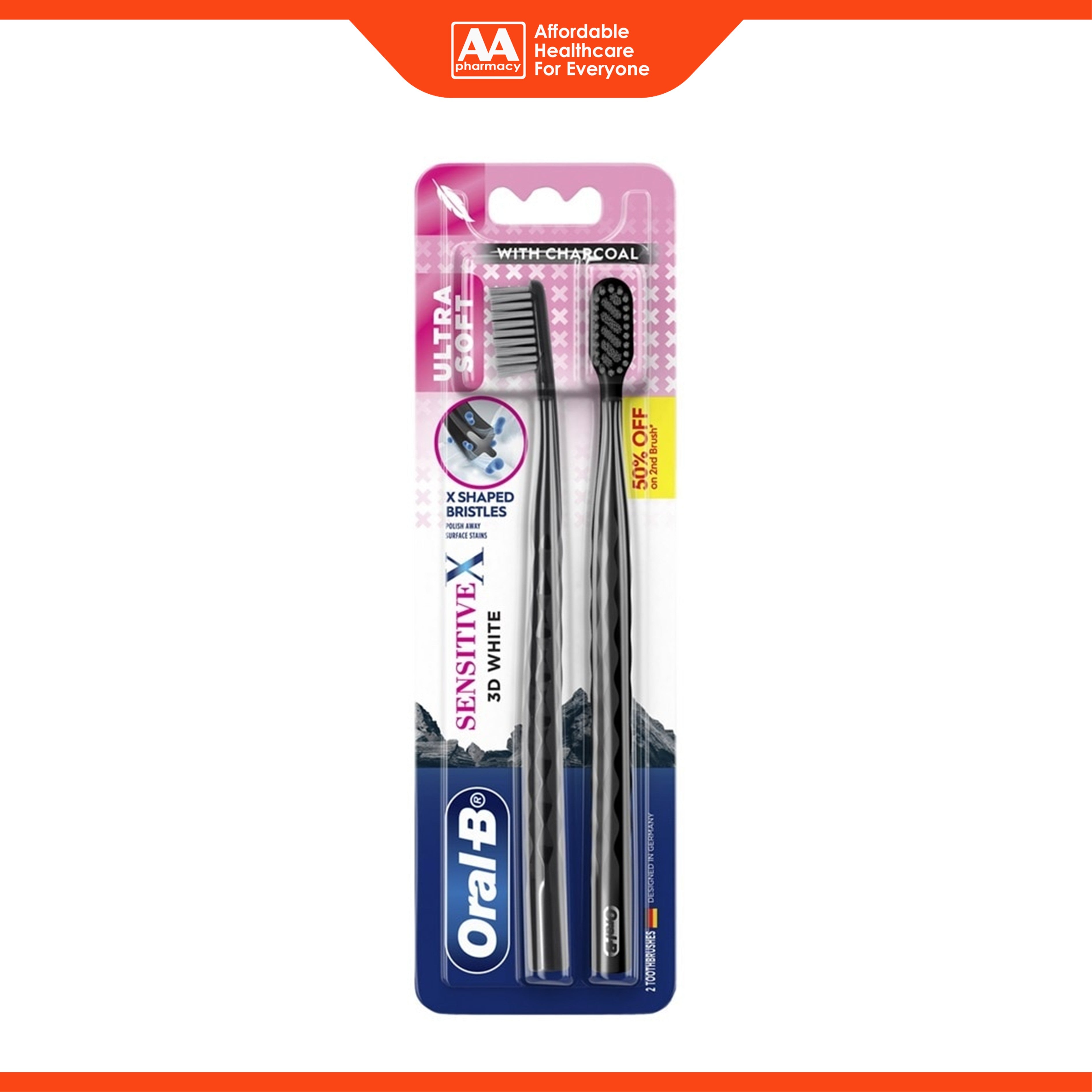 Oral-B Toothbrush (SensitiveX 3D White with Charcoal, Ultra Soft) 2's