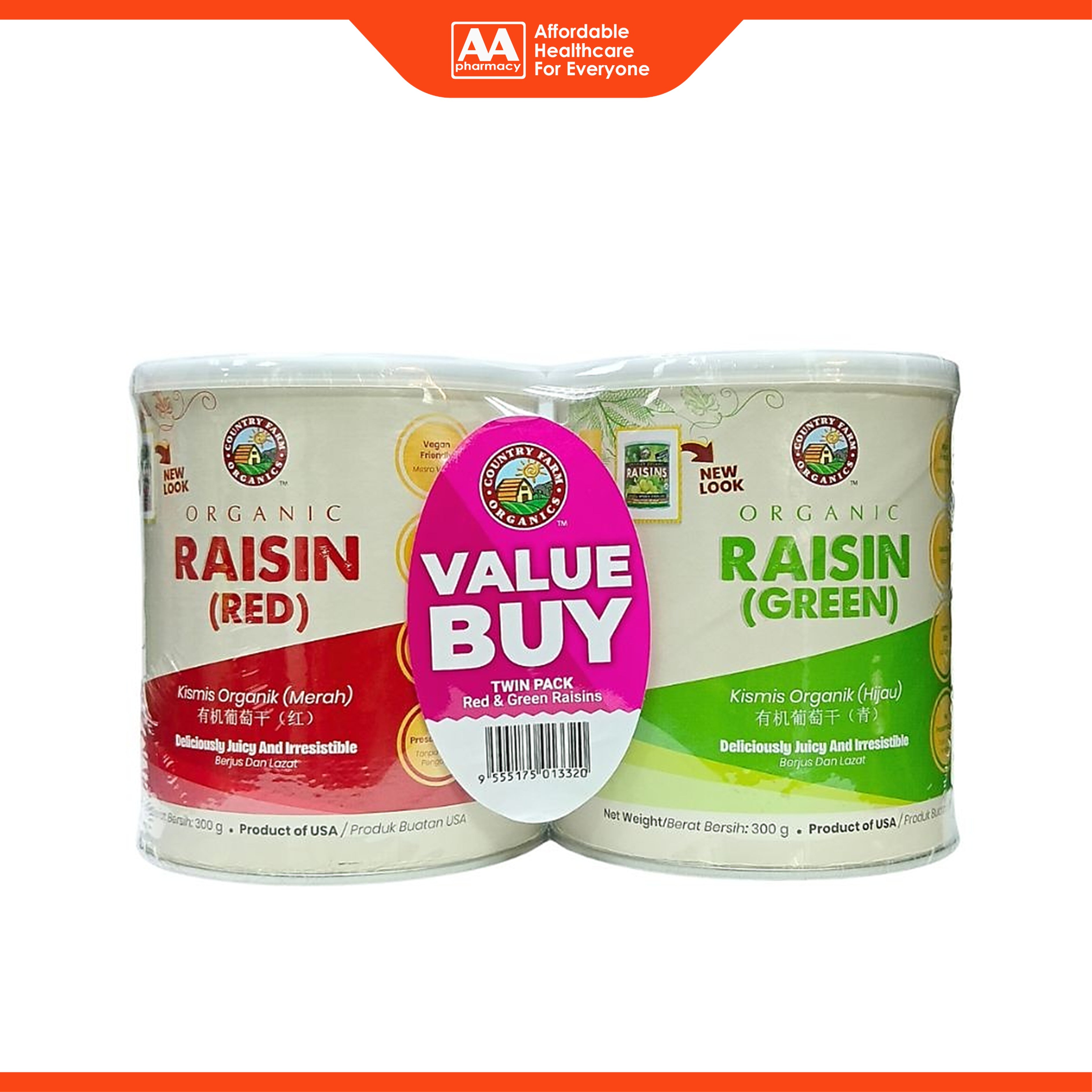 Country Farm Organic Jumbo Red and Green Raisins (2 x 300g)