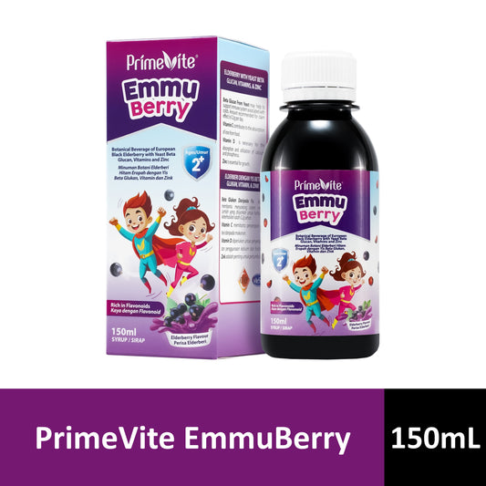 PrimeVite EmmuBerry Botanical Beverage of European Black Elderberry with Yeast Beta Glucan, Vitamins and Zinc 150mL