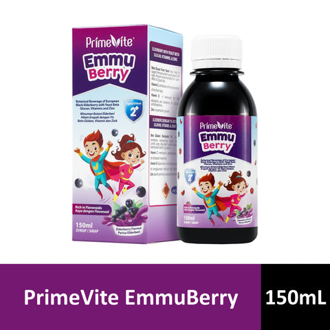 PrimeVite EmmuBerry Botanical Beverage of European Black Elderberry with Yeast Beta Glucan, Vitamins and Zinc 150mL