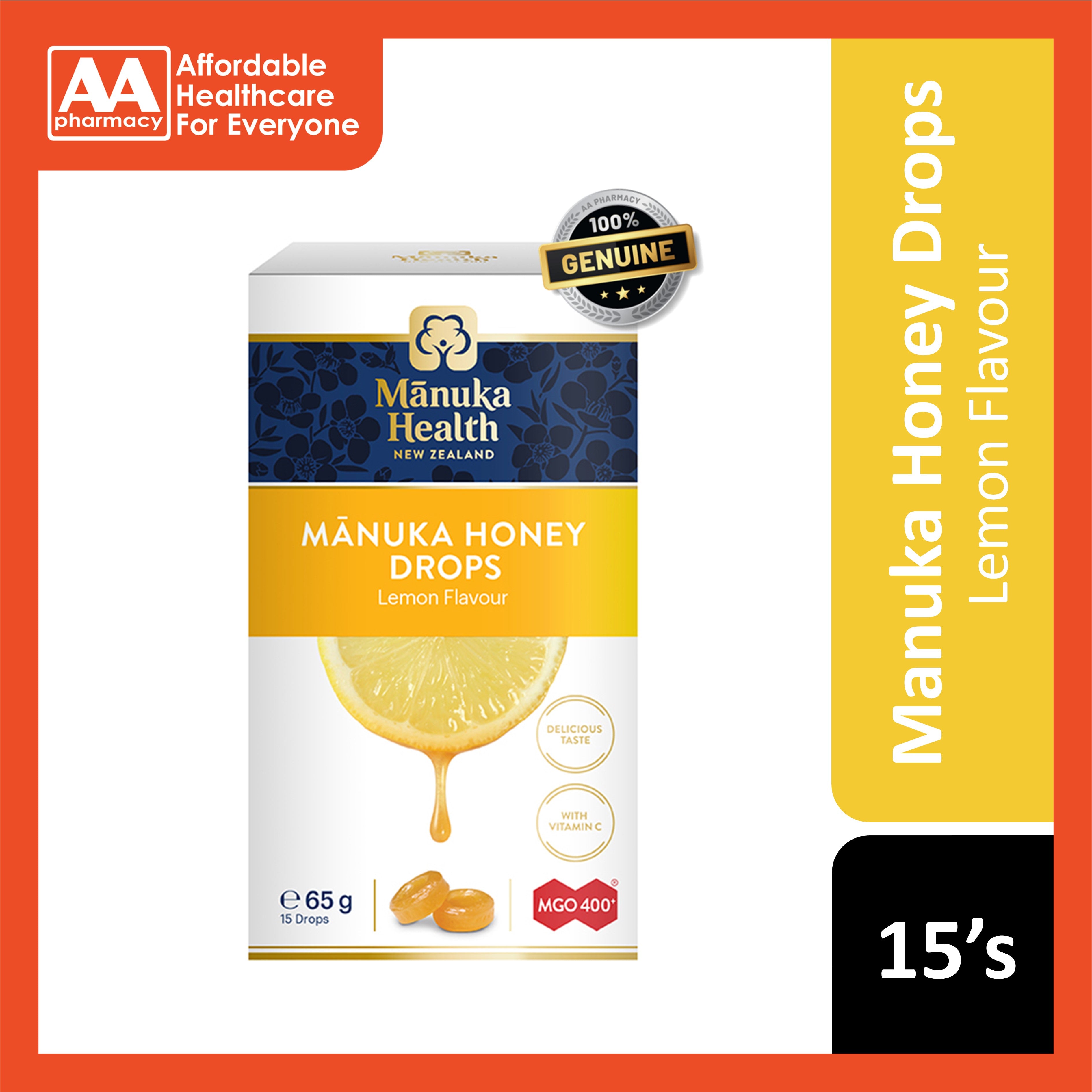 Mānuka Health New Zealand Manuka Honey Drops (Lemon Flavour) MGO400+ 15's