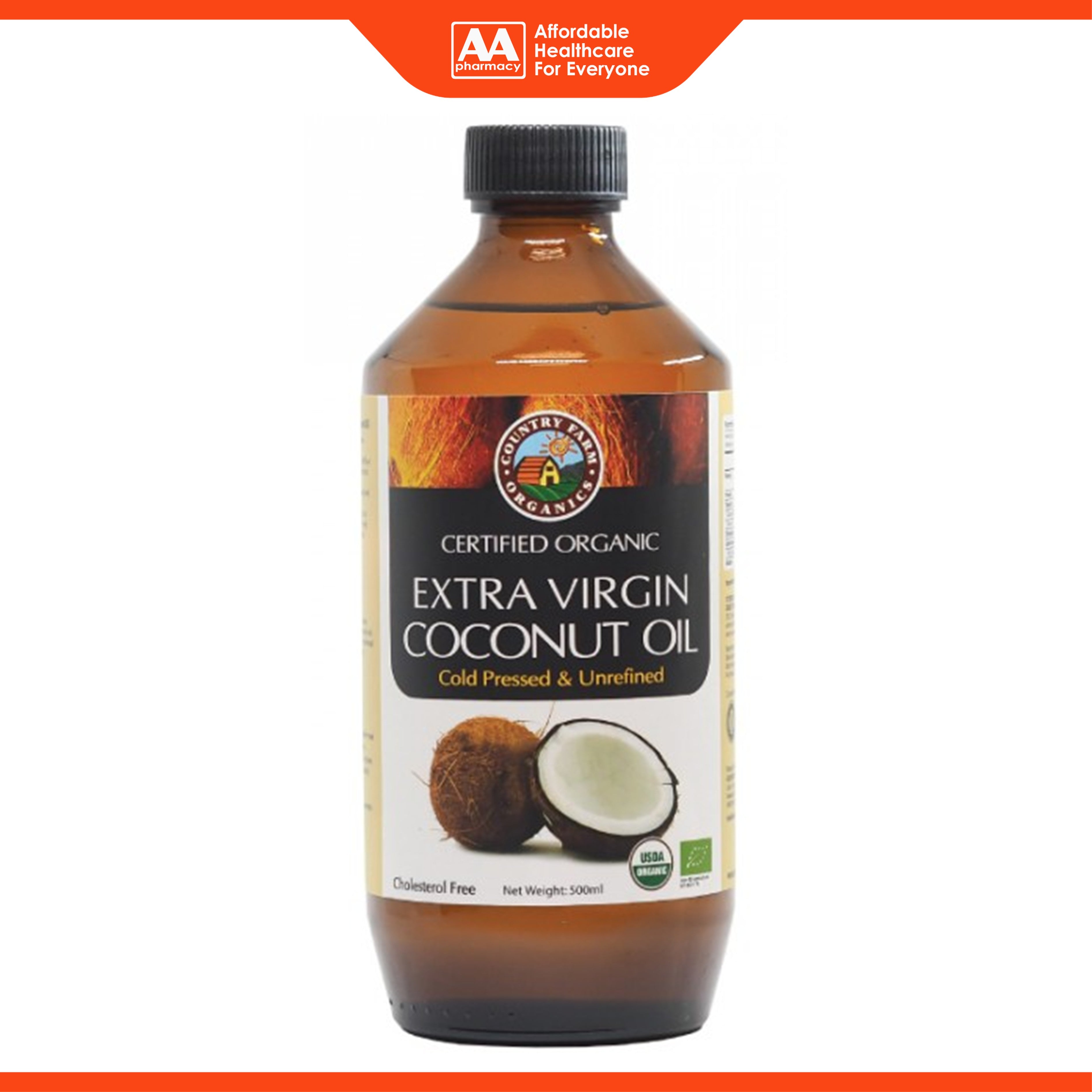 Country Farm Certified Organic Extra Virgin Coconut Oil (500ml) - Cold Pressed and Unrefined