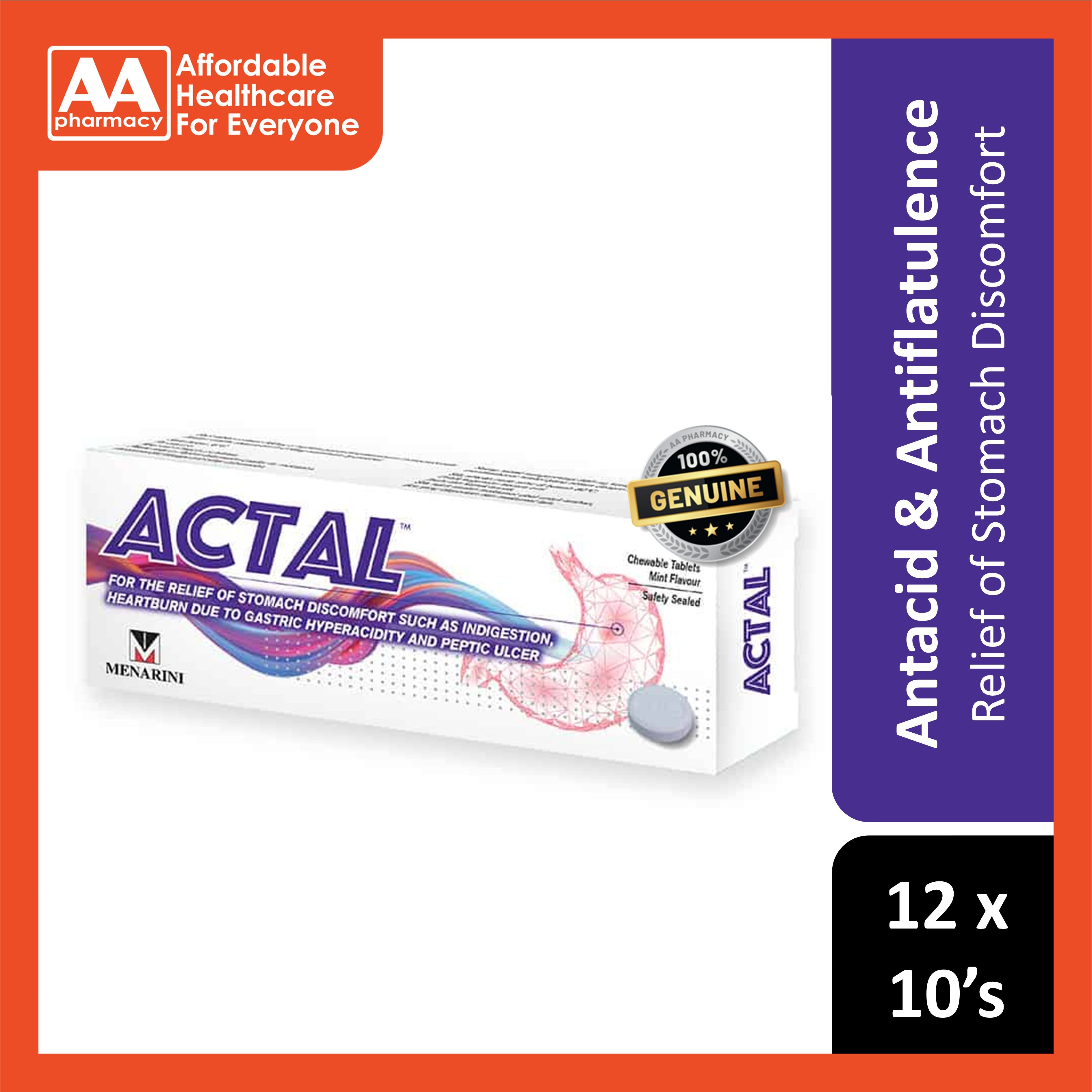 Actal Chewable Tablet (Mint Flavour) 12x10's (For Relief of Stomach Di ...