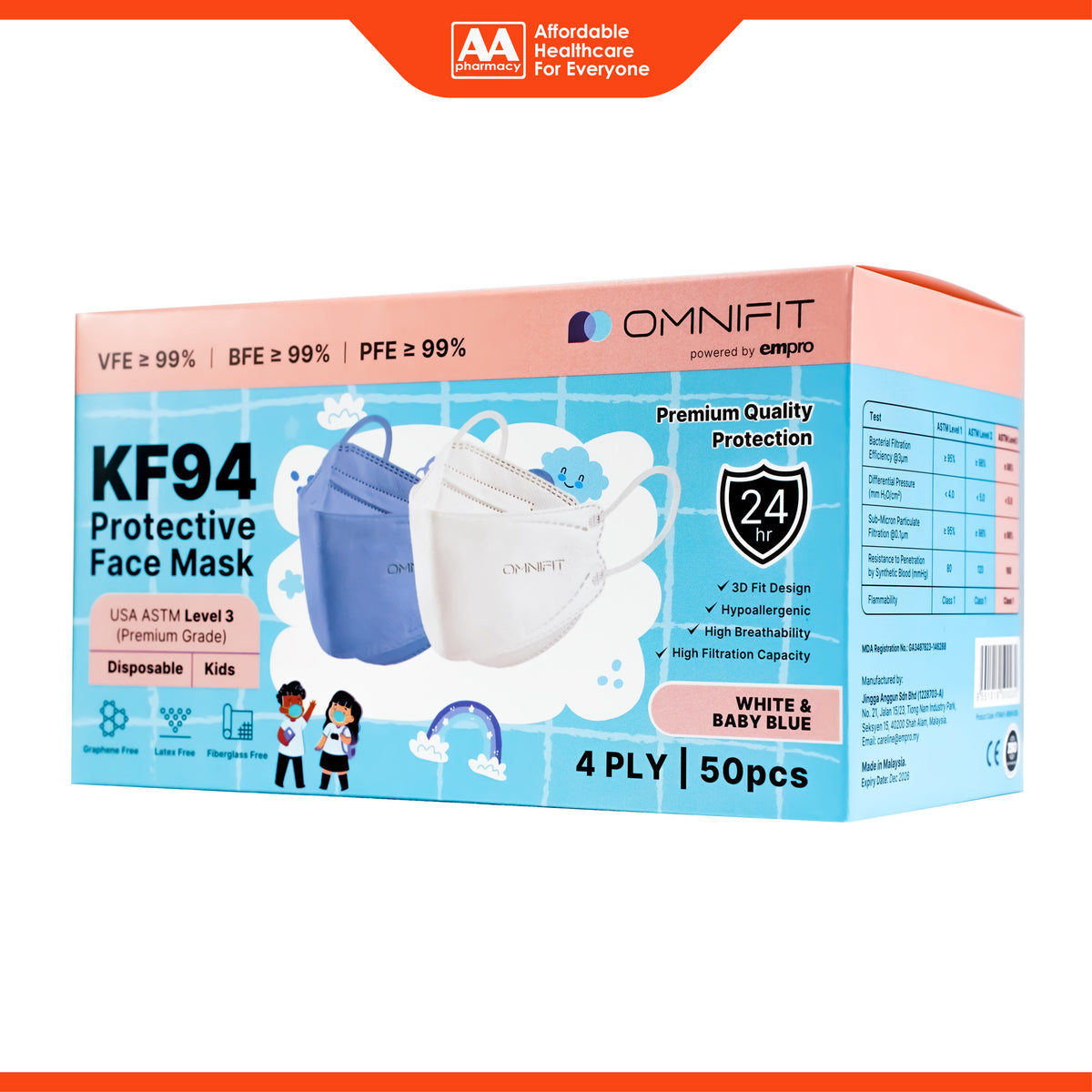 Omnifit KF94 Protective Face Mask For Kids - White and Baby Blue (50's)
