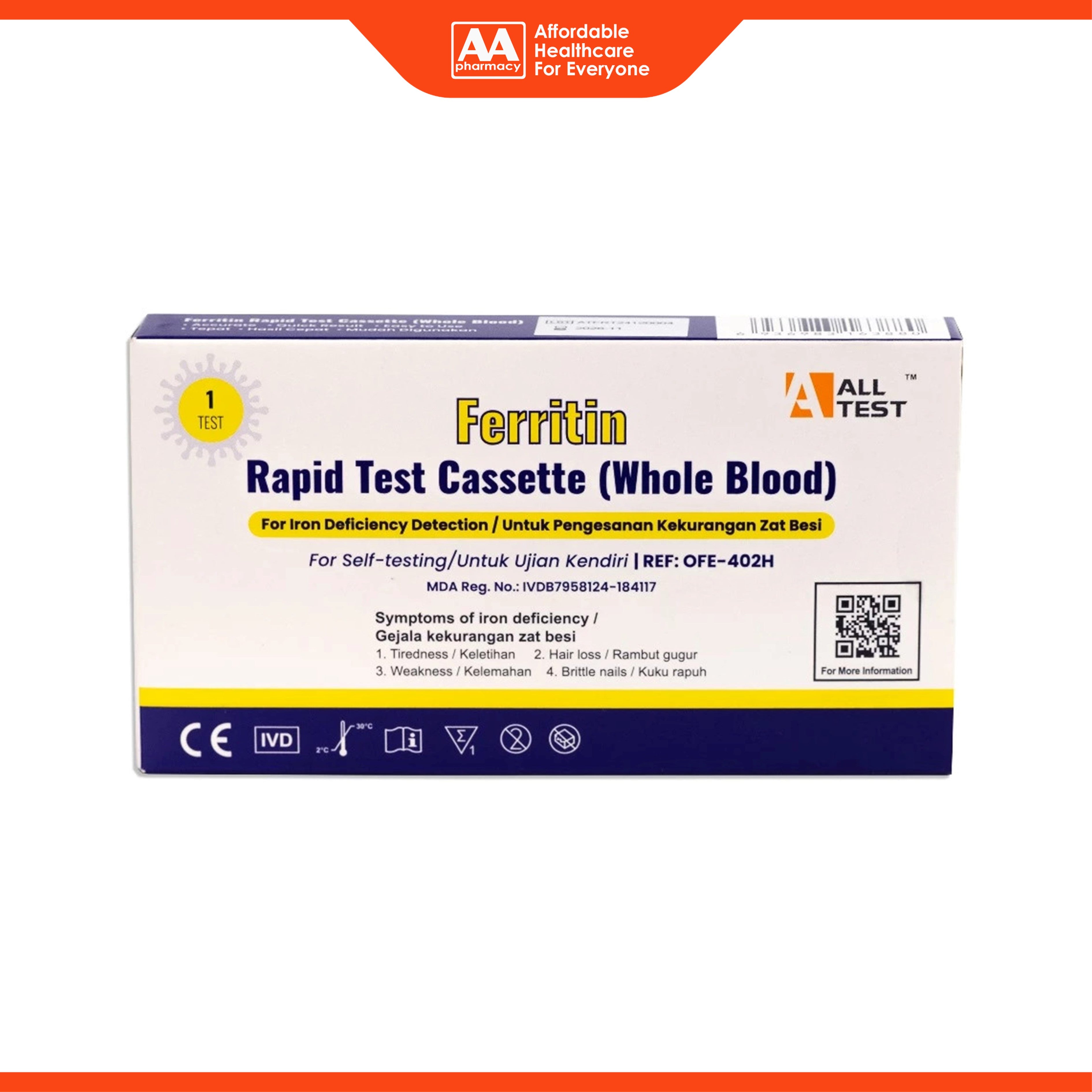 ALLTEST Ferritin Rapid Test Cassette (Whole Blood) - REF OFE-420H (1's) - Self-Testing for Iron Deficiency