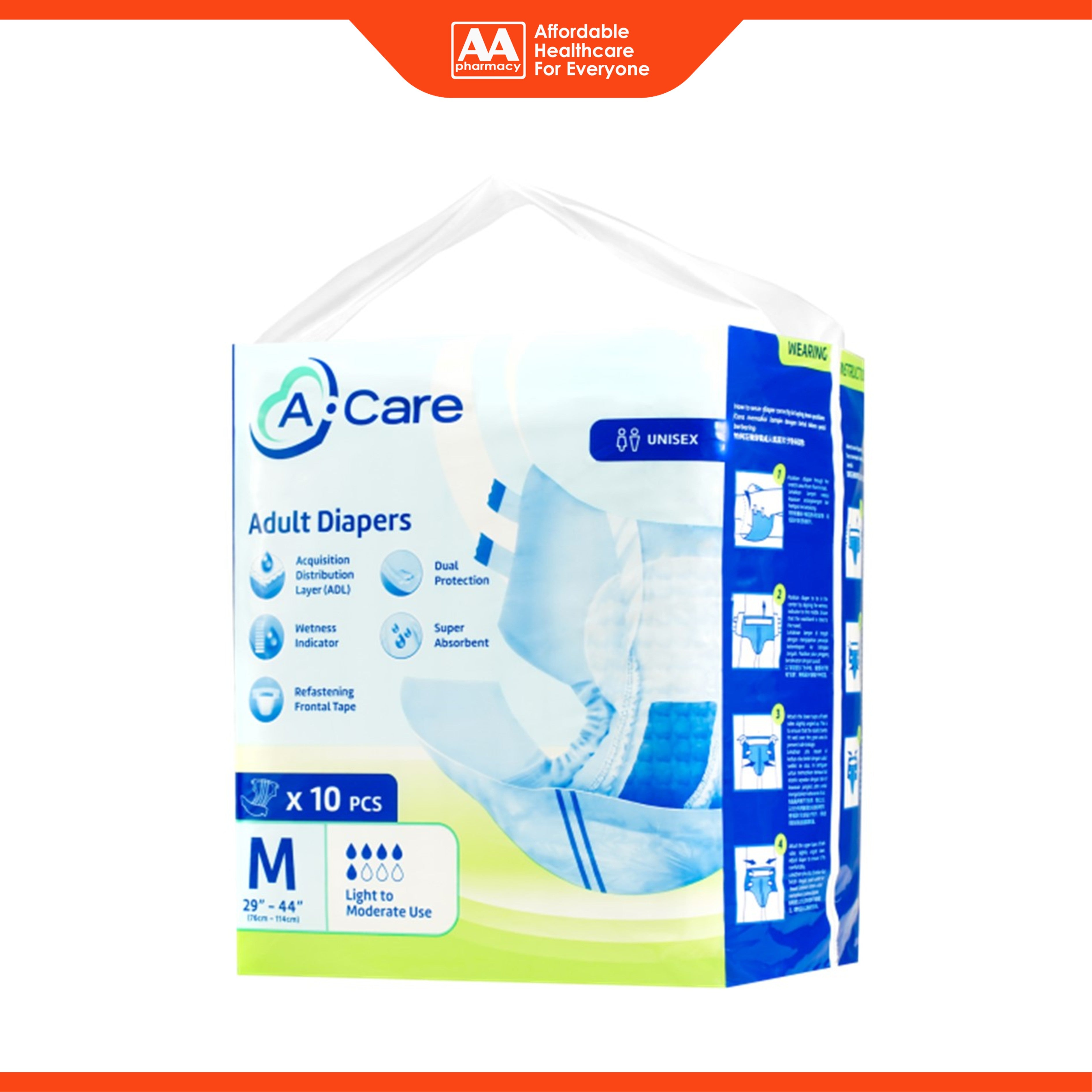 A-Care Adult Diapers Size M 10's (76-114cm / 29-44 inches)